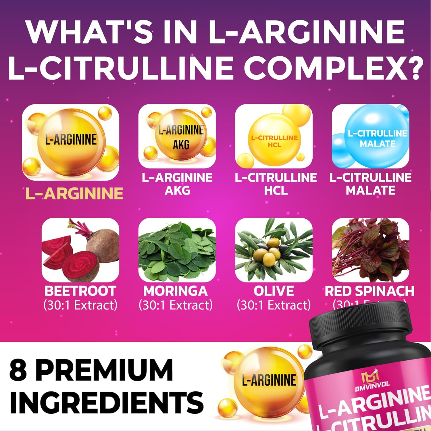 L Arginine L Citrulline Supplement plus Beet Root, Moringa, Olive, Red Spinach (30:1 Extract) for Support Energy Levels - 90 Capsules image number 2