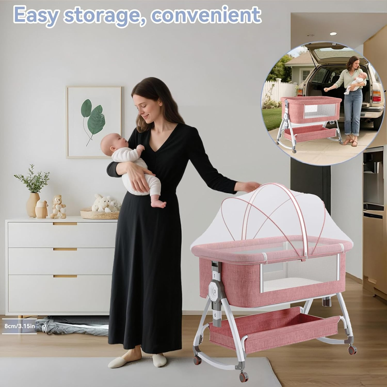 Hoxue 4 in 1 Baby Bassinet Crib,Portable Bassinets Bedside Sleeper with Comfy Mattress Storage Basket and Mosquito Net,Pillow,Summer Sleeping Mat,Height Adjustment Rocking Bedside Crib (Pink) image number 1