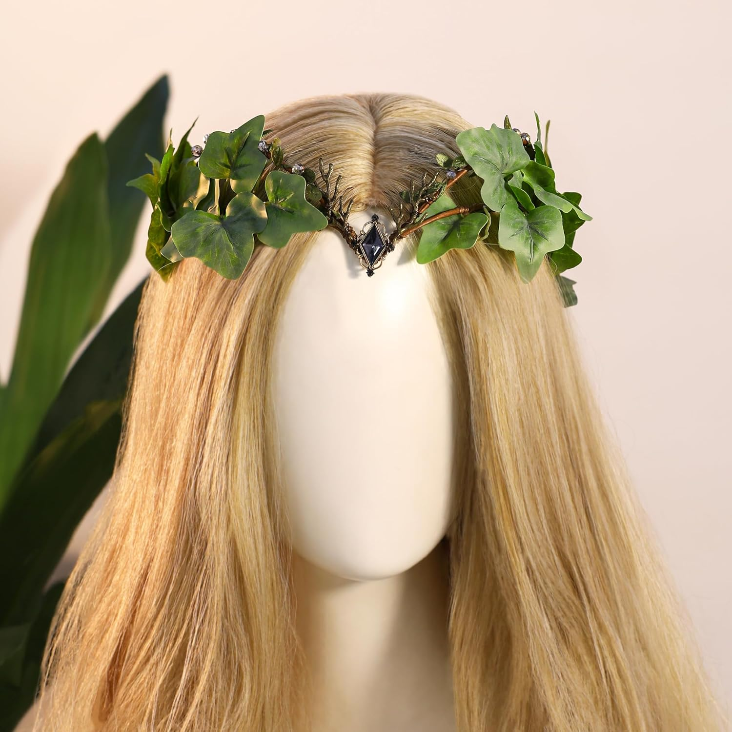 MOSTORY Forest Leaf Fairy Crown - Floral Elf Crown Forest Headwear Green Leaf Headband for Women Renaissance Masquerade Cosplay Halloween Renfaire Accessories Forest Wedding image number 1