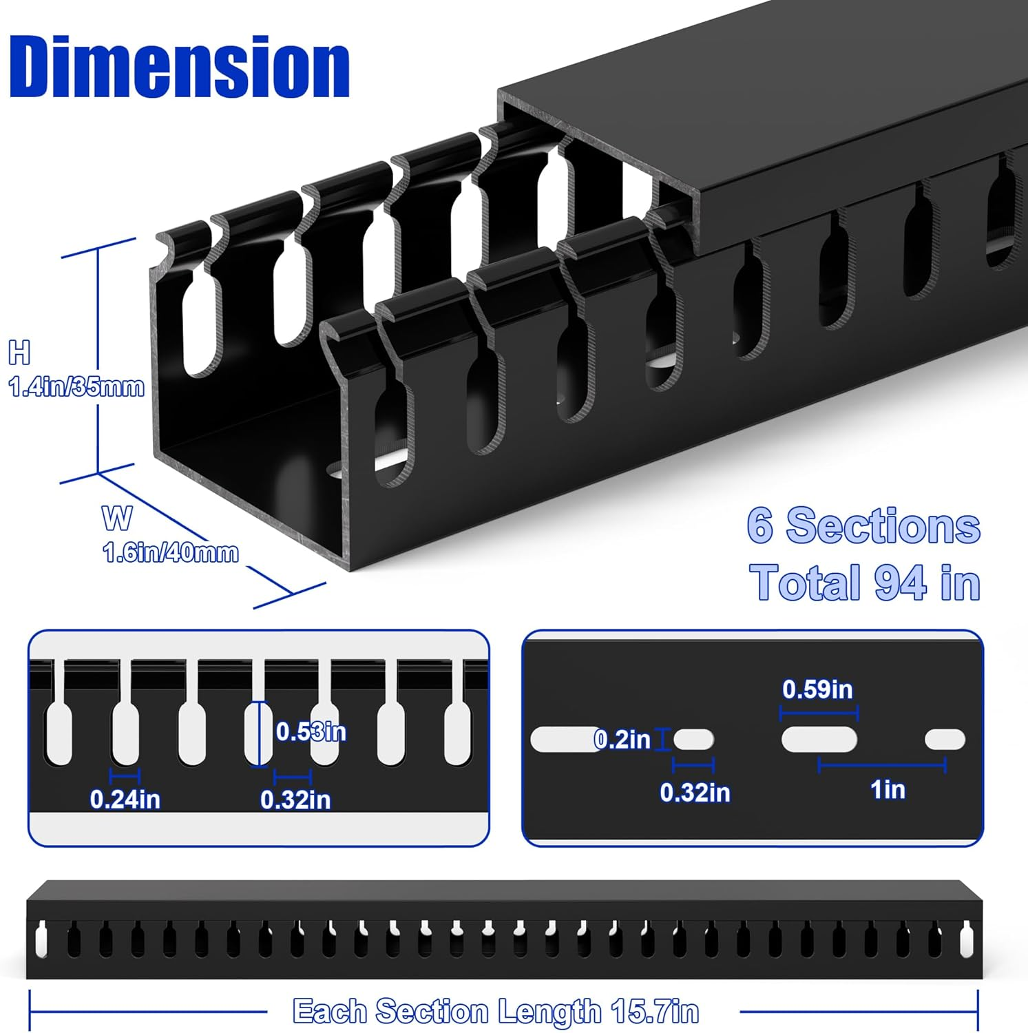 94.5In(6X L15.7In) Professional Server Rack Cable Management Raceway, H1.4 X W1.6In Cable Raceway Kit, Electrically Safe PVC Open Slot Wire Raceway for under Desk/Computer/Network Cords, Black image number 4