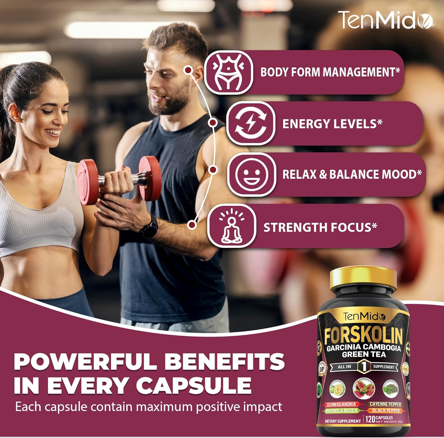 Forskolin Supplement with Garcinia Cambogia, Green Tea, Ashwagandha, Rhodiola, Cayenne & Black Pepper - 120 Non-Gmo, Vegan Capsules image number 3
