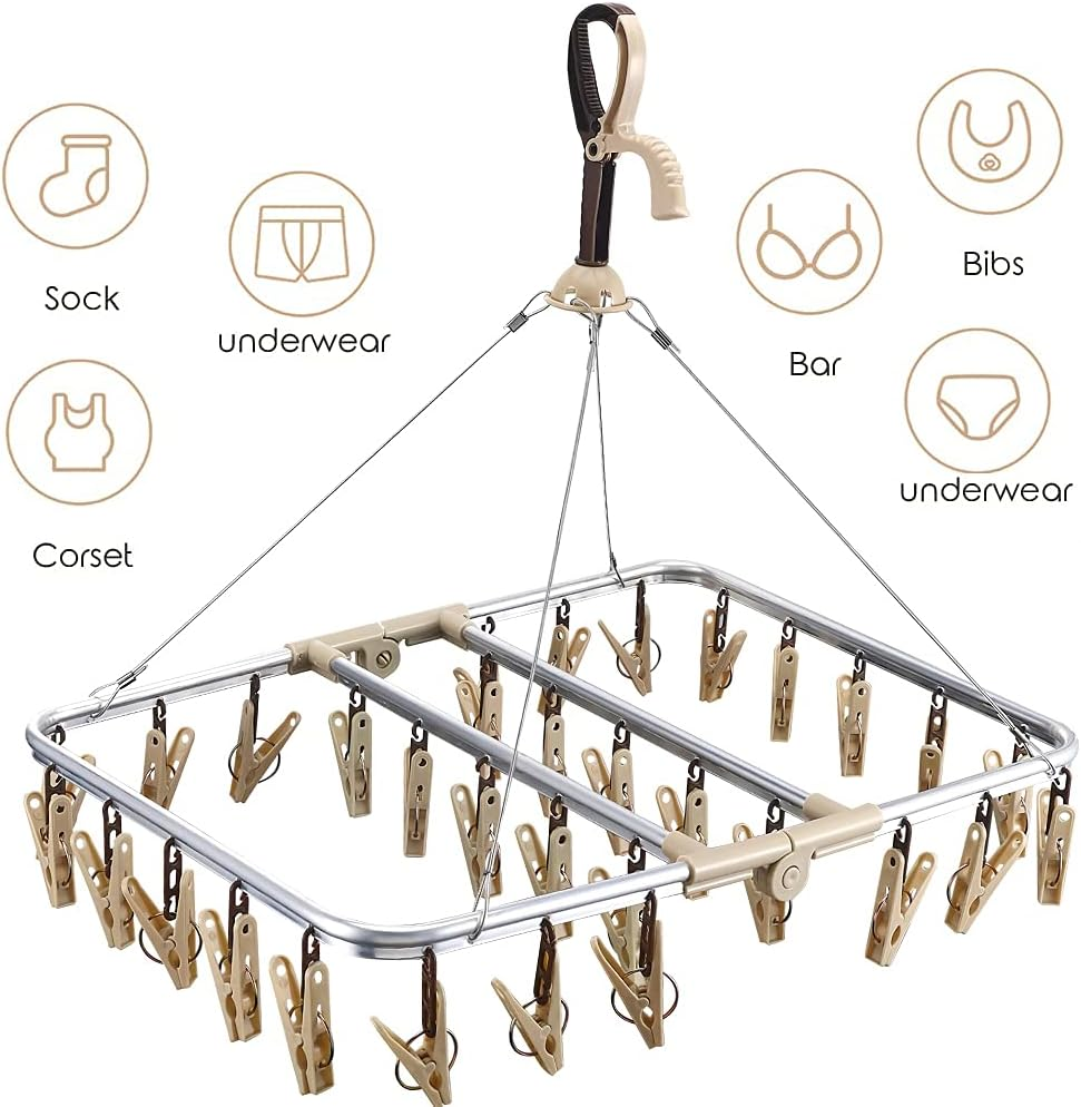 Sock Hanger for Washing Line Windproof Aluminum Sock Dryer with 32 Clothes Pegs Airer Clothes Dryer for Underwear Hats Socks and Small Laundry Items (Beige) image number 3