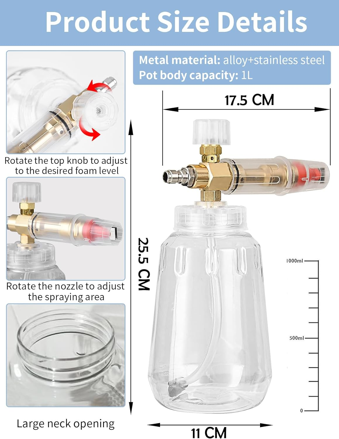 Foam Cannon with 1/4 Inch Quick Connector and Adjustable Nozzle, High Pressure Car Wash Water Gun, Professional Car Foam Cannon Is Suitable for Most Pressure Washing Accessories(1L) (Big) image number 2