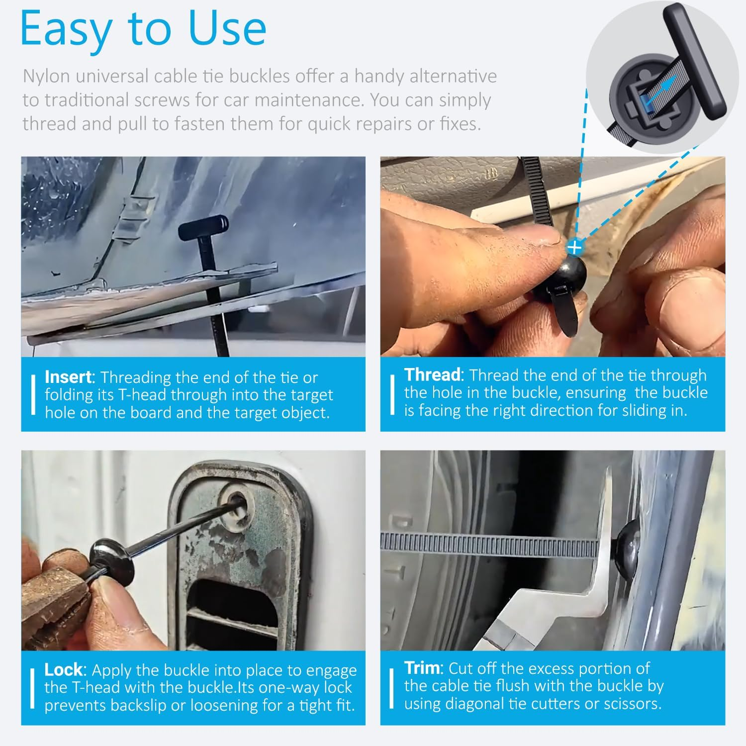 2026 Upgraded Nylon Universal Cable Tie Buckle, Heavy Duty Self-Locking Rivet Zip Ties, Multifunctional Cable Tie Buckle for Car Daily Repair, Home, Office, Garden, Workshop(30Pcs) image number 5