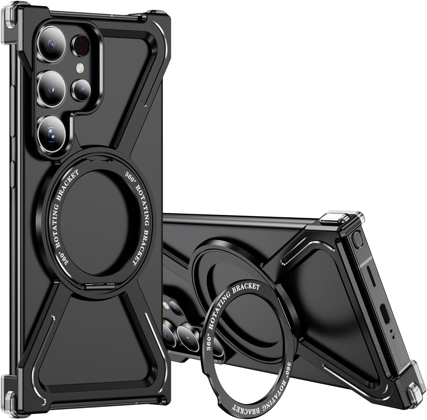 QIWEIQING Skeleton Case for Samsung S25 Ultra, Military-Grade Protection Magnetic 360&deg;Ring Kickstand Compatible with Magsafe Titanium Shockproof Bumper Cover for Galaxy S25 Ultra, Silver THJ