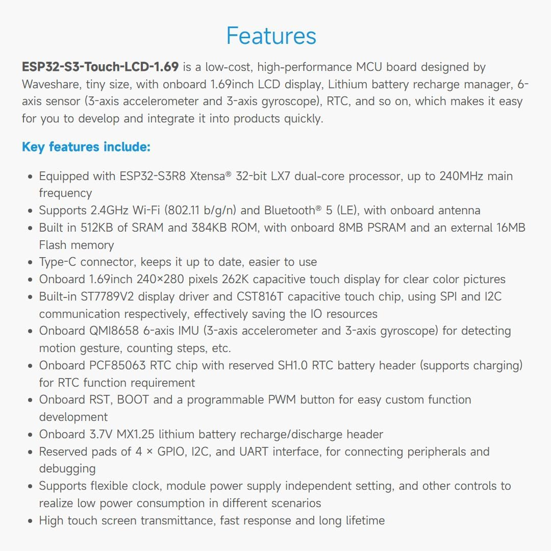 Waveshare ESP32-S3 1.69Inch 262K Color Touch LCD Development Board, 240&times;280 Resolution,Compact Size, Accelerometer and Gyroscope Sensor image number 4