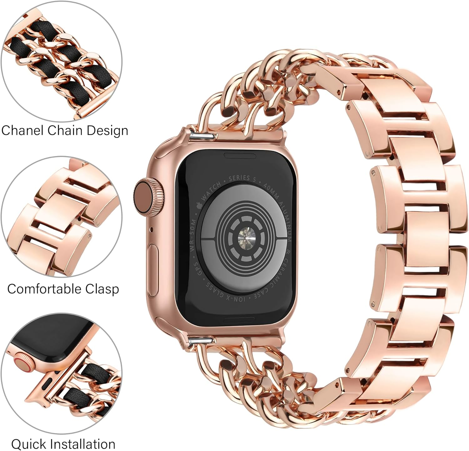 Ocaer Compatible with Apple Watch 49Mm 46Mm 45Mm 44Mm 42Mm 41Mm 40Mm 38Mm, Jewelry Chain Iwatch Band for Apple Watch Series 11 10 9 8 7 6 5 4 Ultra 3 SE 3 2 1,Metal Bracelet with Leather for Women