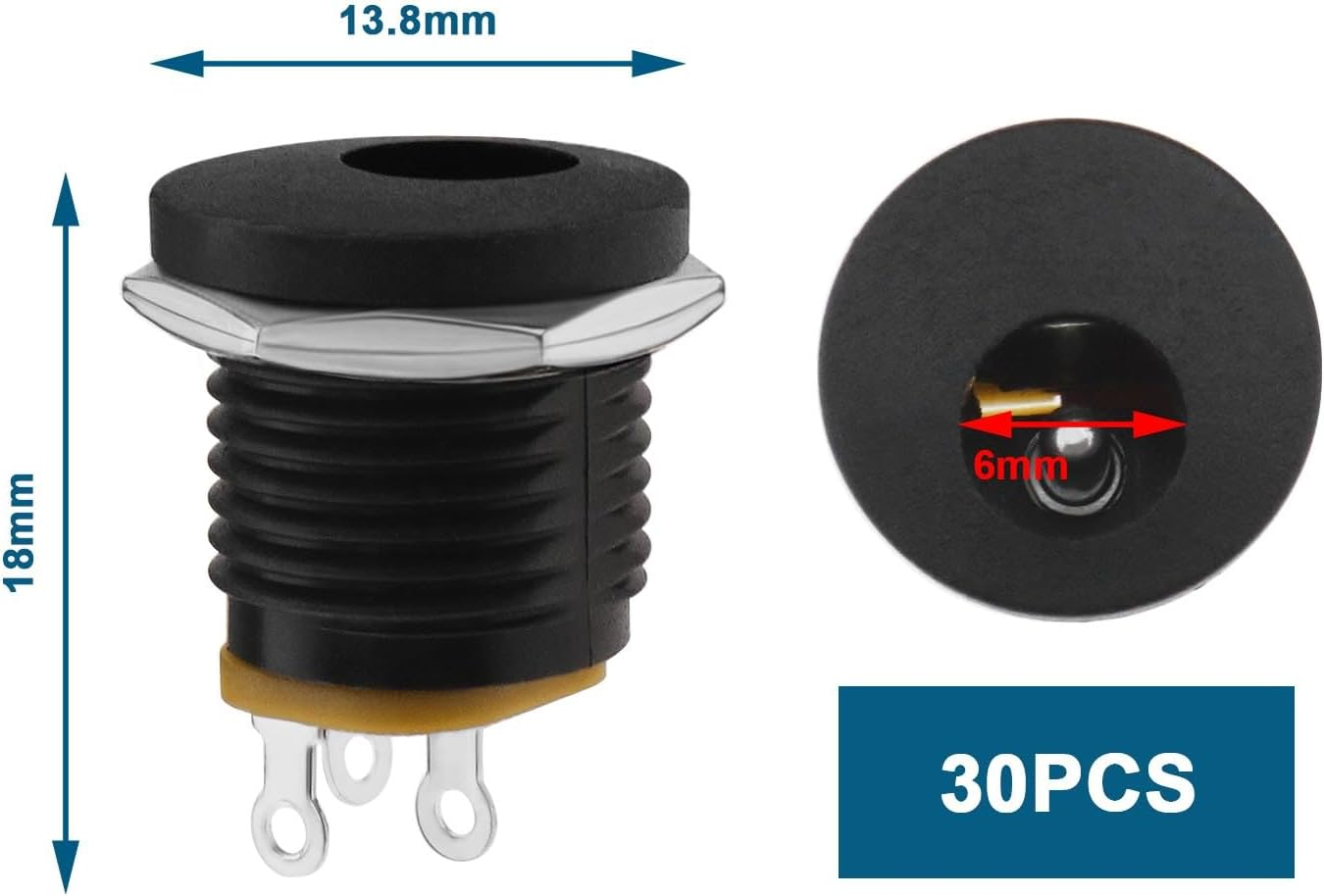 Emagtech 30Pcs 3 Pin DC Power Jack Socket Female Metal round Panel Jack Socket Suitable for MP3 MP4 Music Players 2.1Mm X 5.5Mm Black image number 6