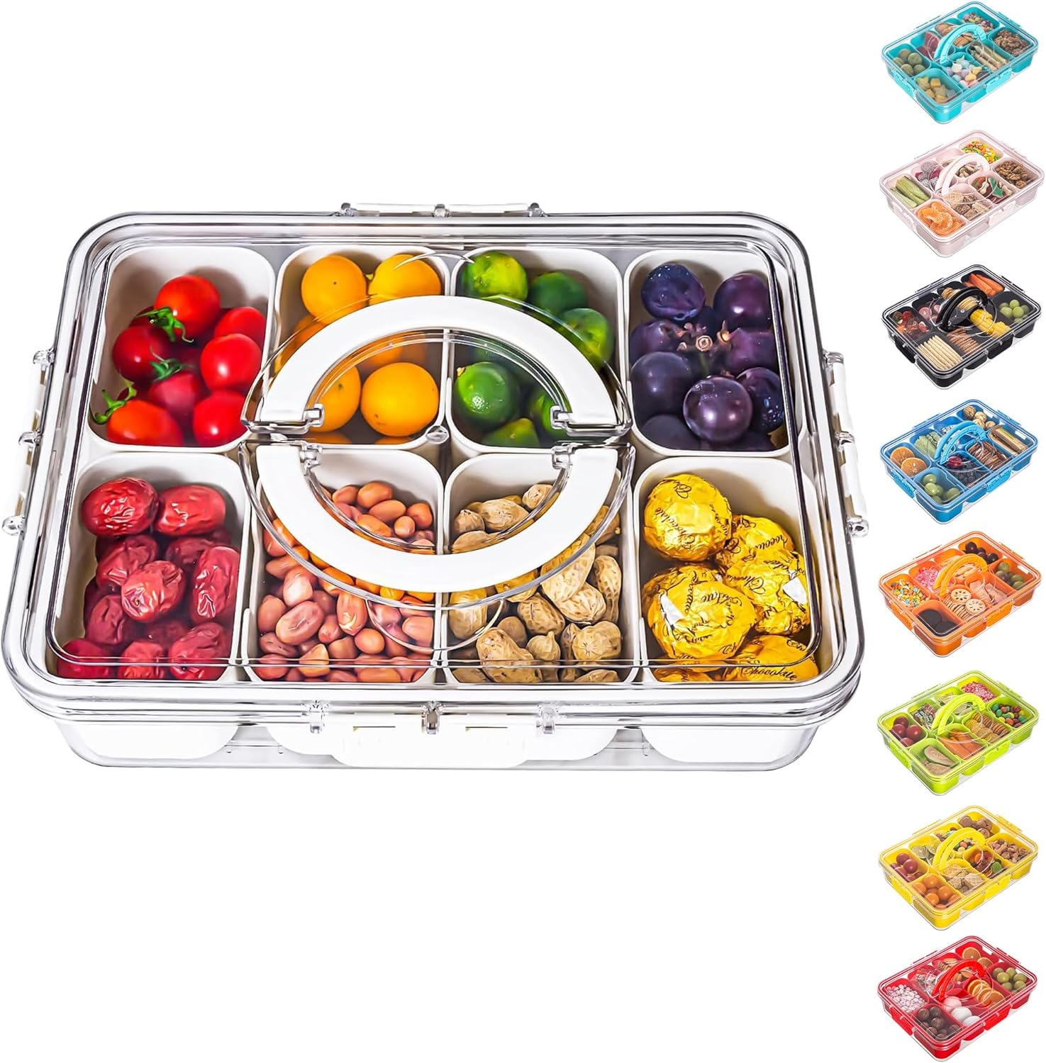 Divided Serving Tray with Lid and Handle - Snackle Box Charcuterie Container for Portable Snack Platters - Clear Organizer for Candy, Fruits, Nuts, Snacks - Perfect for Party, Entertaining