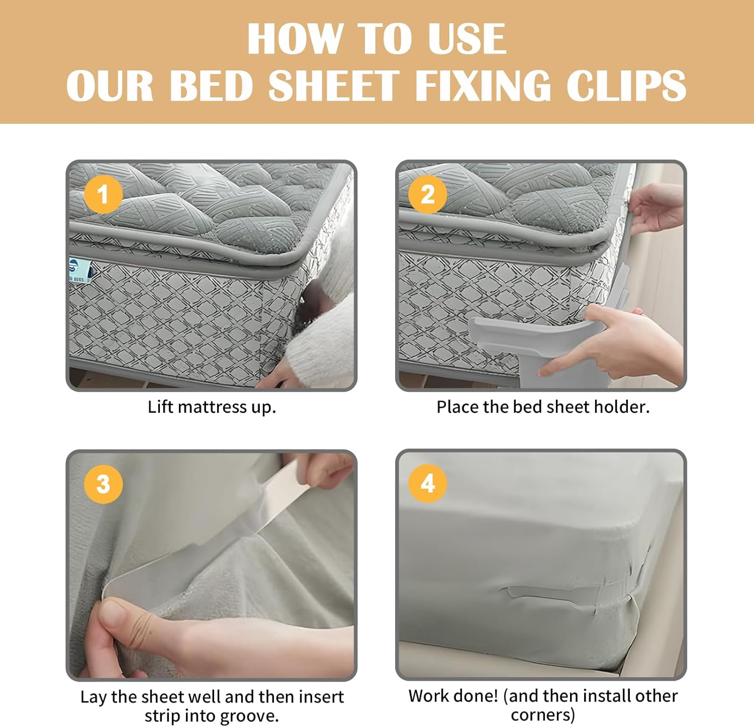 4Pcs Bed Sheet Fixing Clips with Lock Strips, Sheet Corner Holders Bed Sheet Holders Fastener Clips Corner Tightener Clips for Mattress Covers, Blankets, Bedding (Gray) image number 1