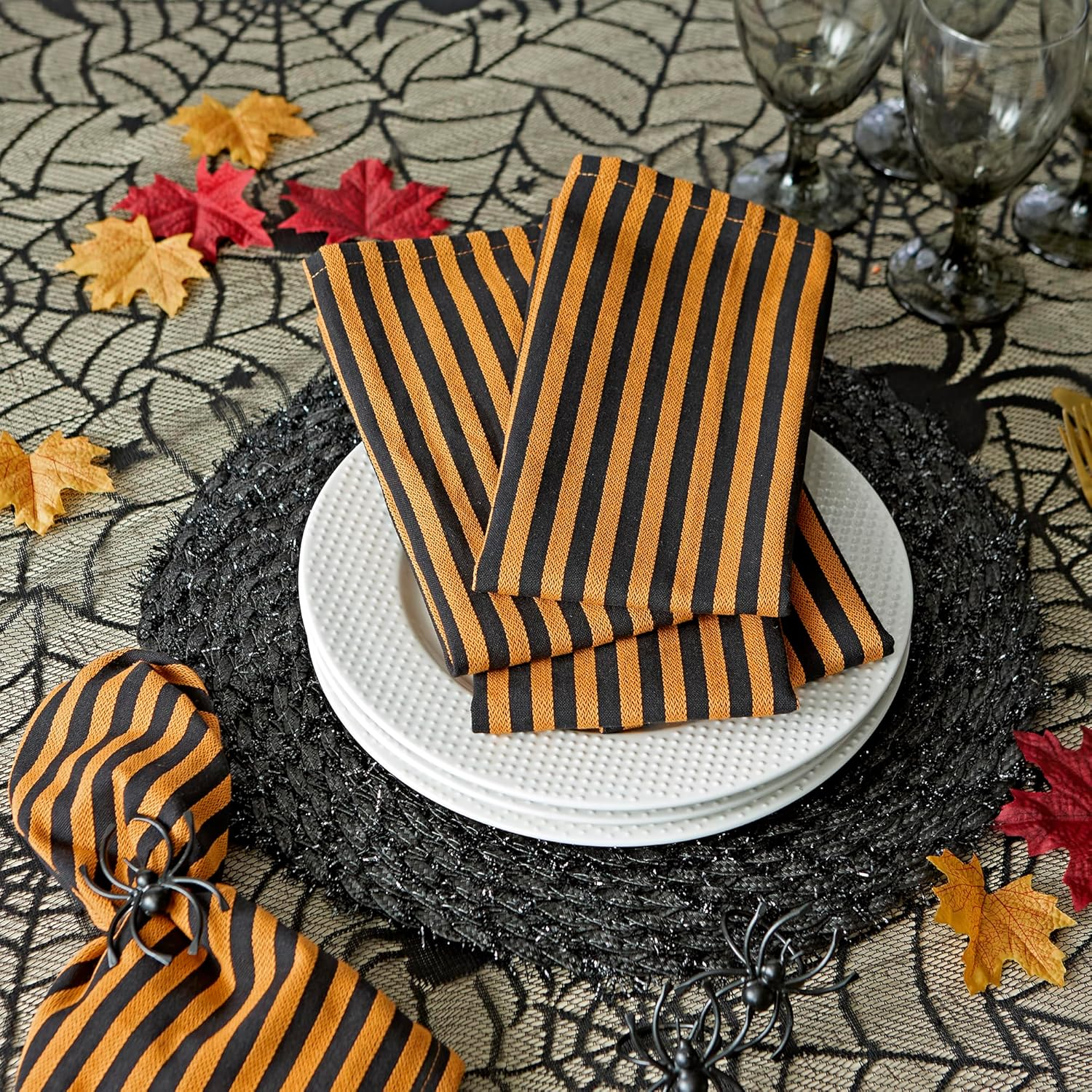 DII Halloween Party Tabletop Decor, Reusable & Machine Washable Cotton Fabric, Napkin Set, 20X20, Witchy Black & Orange Stripe, 6 Piece image number 1