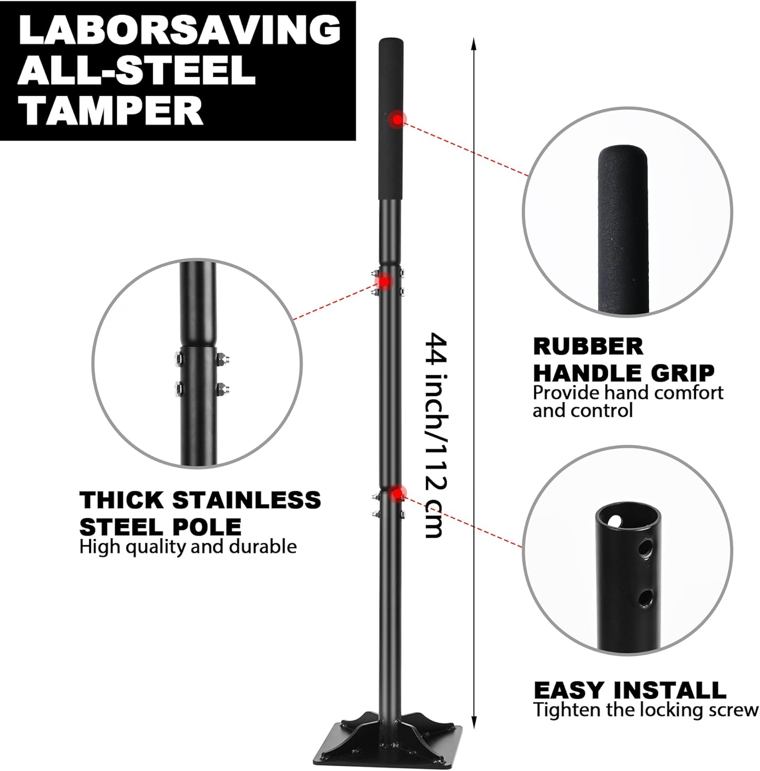 Tamper with 44 Inch Handle, Sturdy Heavy Duty Carbon Steel Soil Tamper Tool, Height Adjustable Leveling Tamper, Tamper for Installing Pavers and Repairing Asphalt Roads