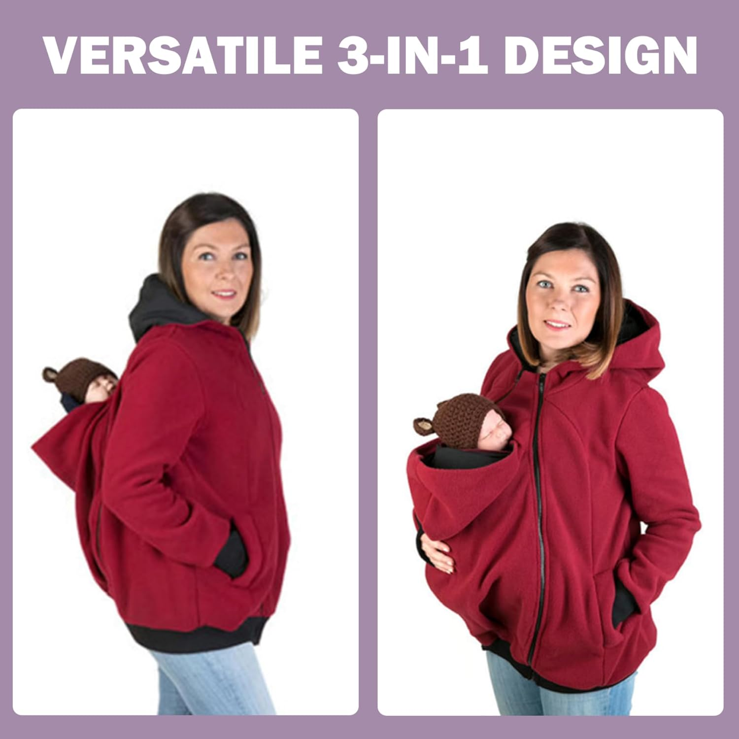 Maternity Hoodie 3-In-1 Removable Kangaroo Pouch Hoodie Winter Soft Warm Baby Wearing Jacket Multifunction Cozy Maternity Jacket for Mom and Baby Light Purple image number 3