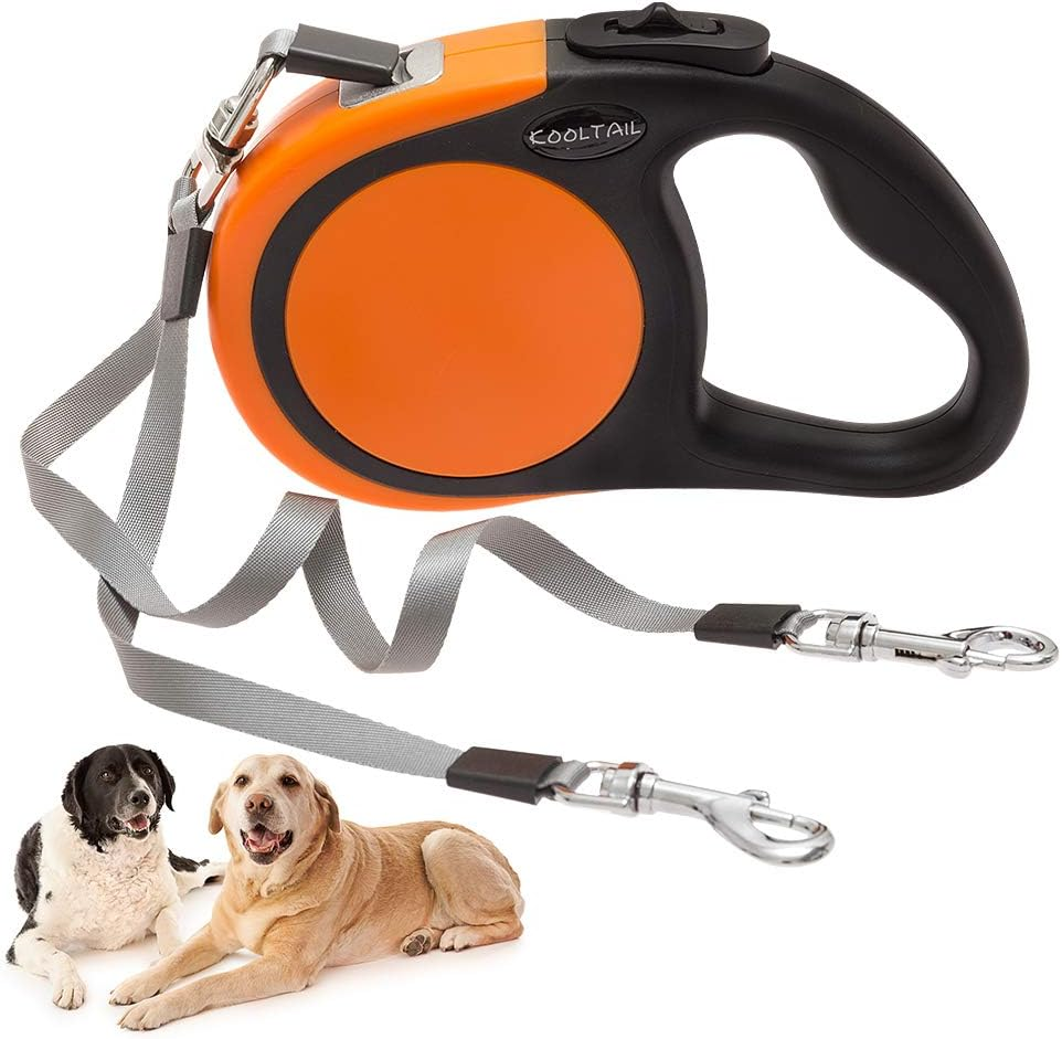 KOOLTAIL Dual Retractable Dog Leash for Two Dogs up to 110 Lbs, Heavy Duty Double Headed 16 Ft Flexi Extendable 360&deg; Tangle-Free One Button & Lock Brake Dog Leash for Small Medium Large Dogs Grey