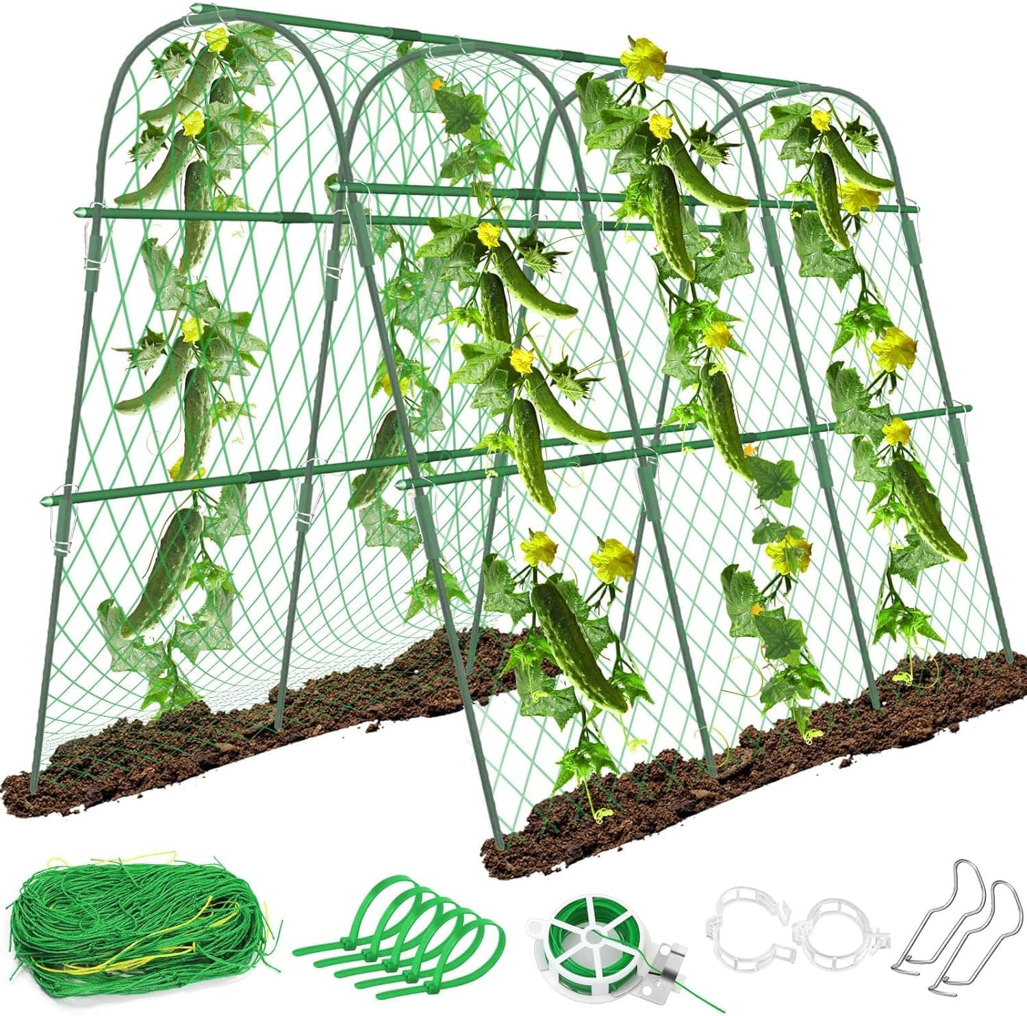 Cucumber Trellis for Garden, 63&Prime; X 45&Prime; U-Shaped Garden Trellis for Climbing Plants Outdoors with Climbing Net, Metal Detachable Arch Plant Support Vegetable Trellis image number 6