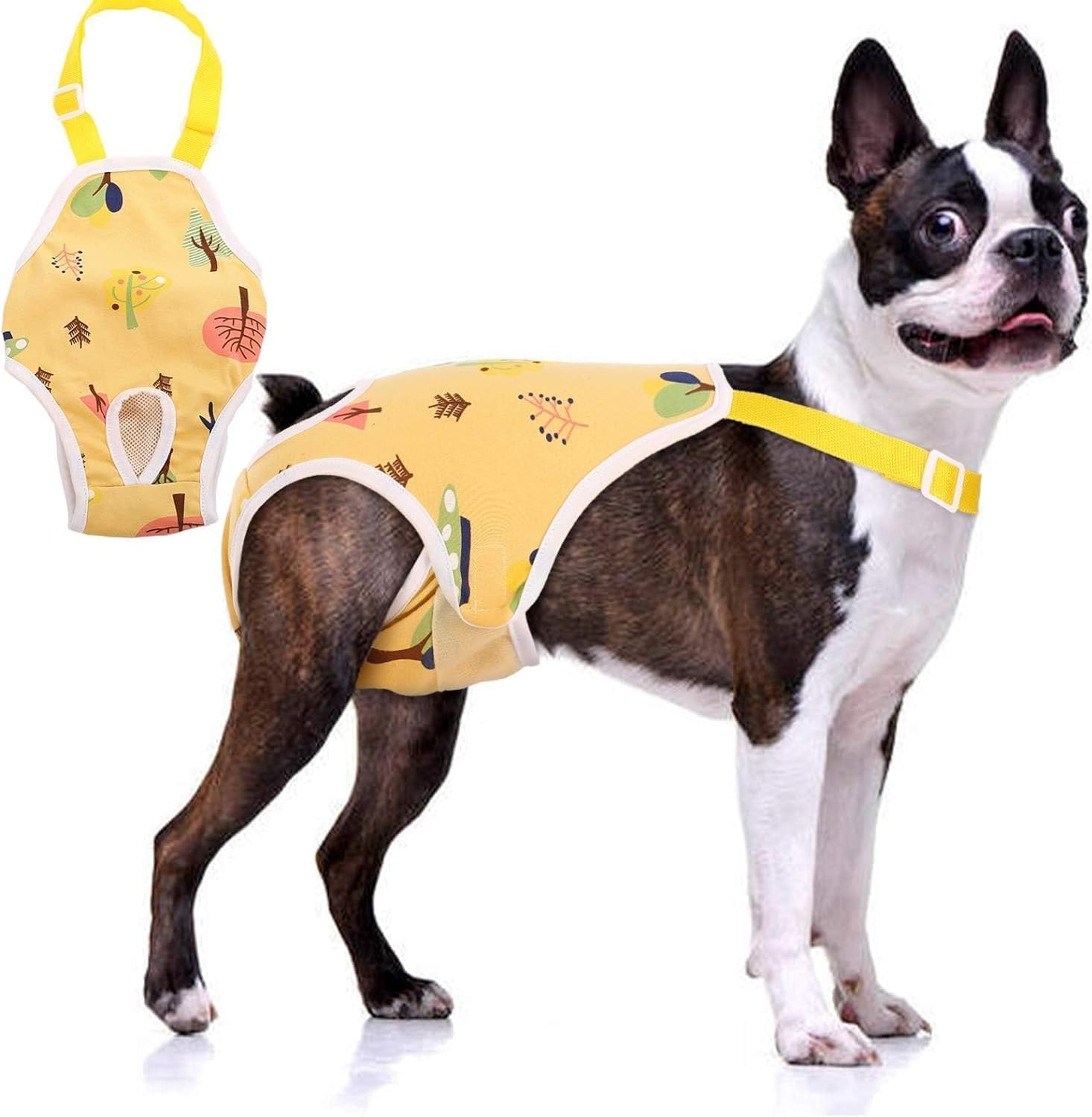 Dog Diapers Female Washable Sanitary Pantie with Adjustable Suspender, Reusable Doggie Diapers in Heat, Cute Puppy Pet Period Panties Dog Underwear for Corgi Bulldog (Yellow, L, Count, 1) image number 1