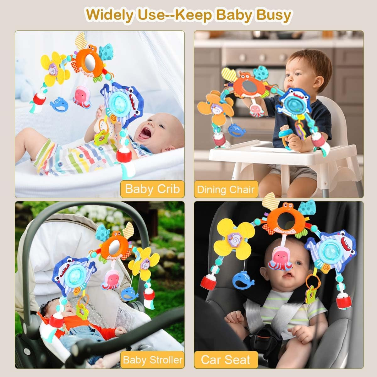 Baby Stroller Arch Toy, Adjustabel Car Seat Toys with Sensory Toy, Activity Arch Travel Montessori Toy for Crib ＆ Bassinet, Early Educational Learning Toy for 0-24 Months Boys and Girls image number 5