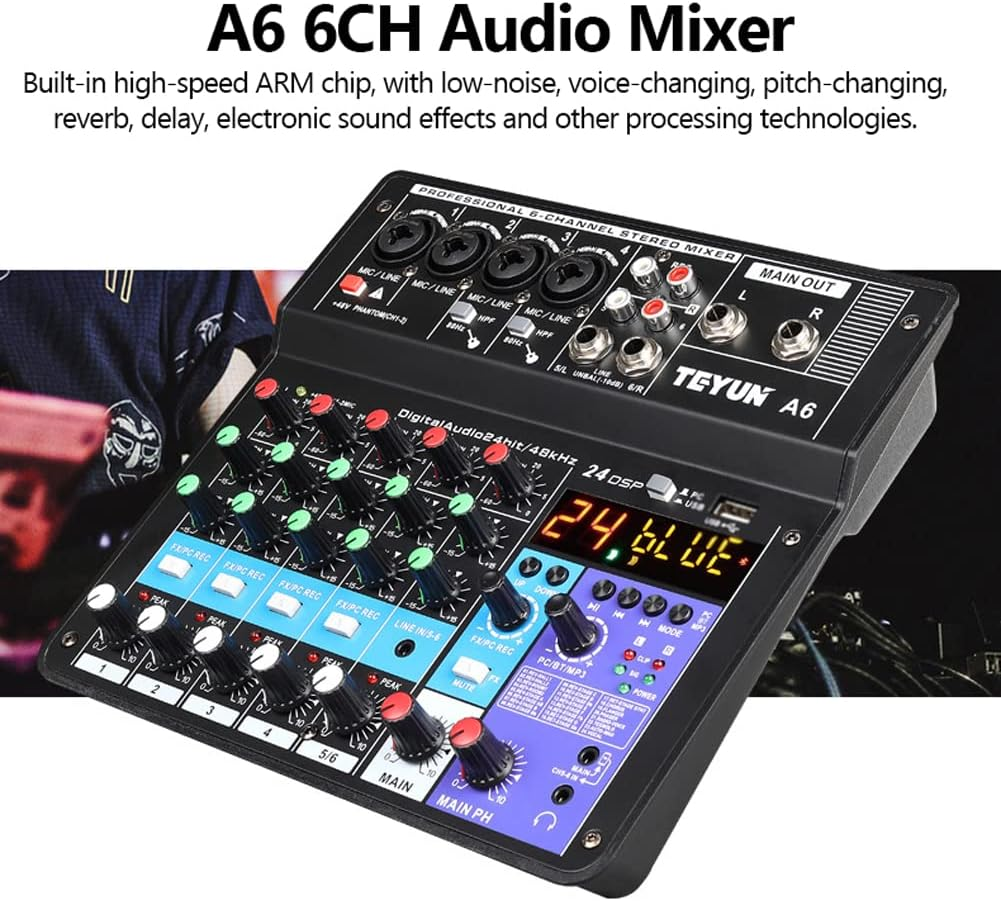 Mingzhe A6 6CH Protable Mini Mixer Audio Console with Sound Card USB Recording Singing Webcast Party Mixer image number 6