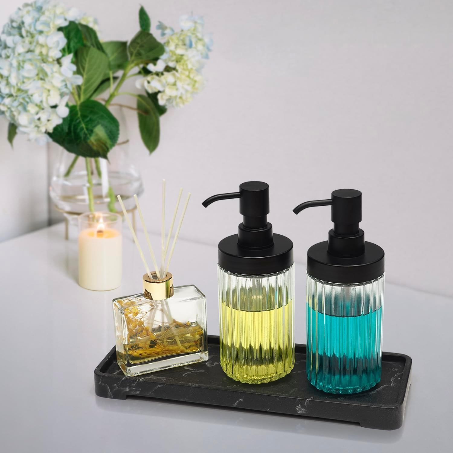 2 PCS Glass Soap Dispenser Set for Bathroom & Kitchen Sink Refillable Liquid Soap Bottle with Squeeze Pump for Hand Dish Soap, Shower Gel, Shampoo and Conditioner-425Ml