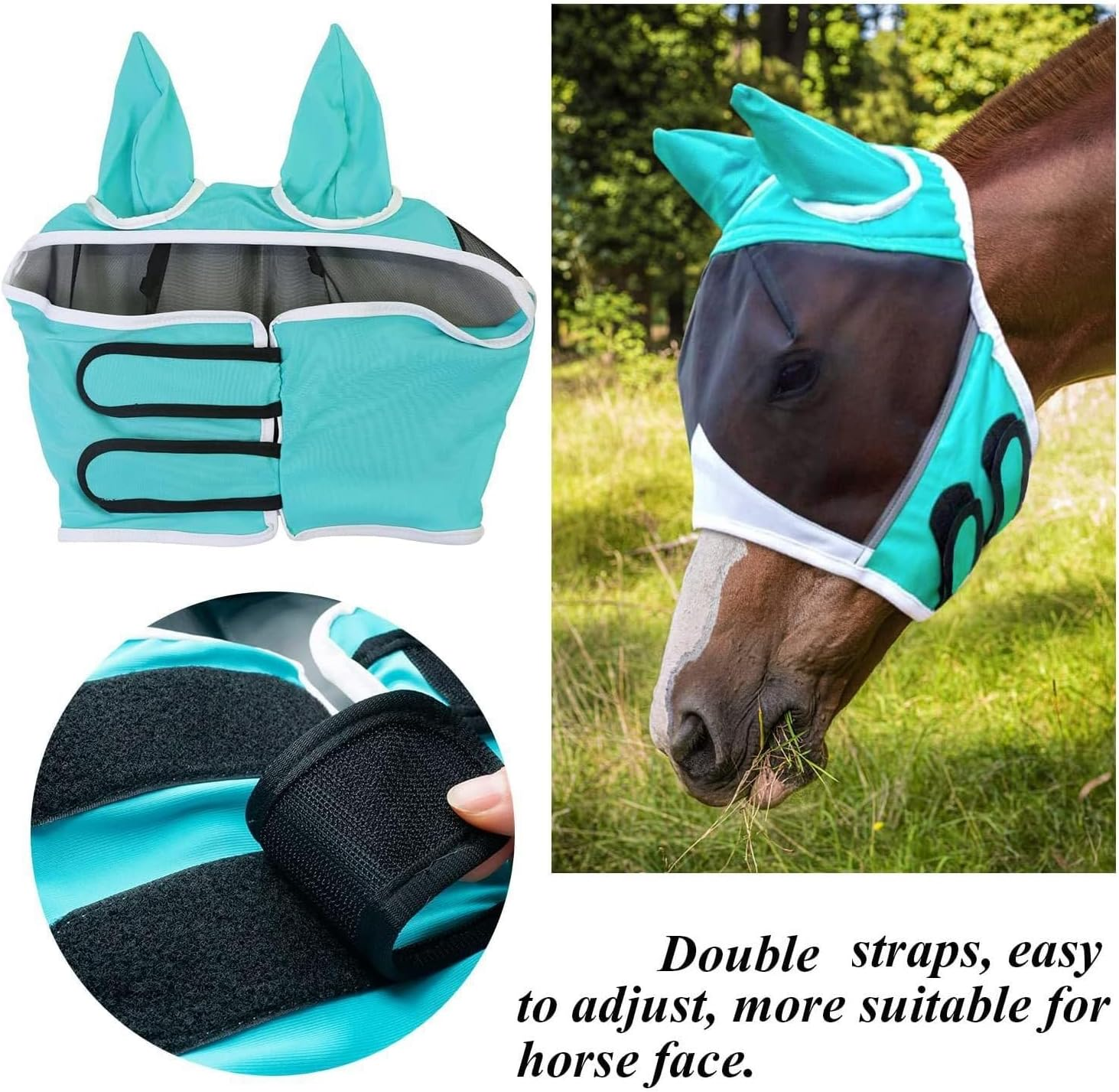 Horse Fly Mask with Ears, Fine Mesh Uv-Proof Fly Mask for Horses (Blue, One Size)