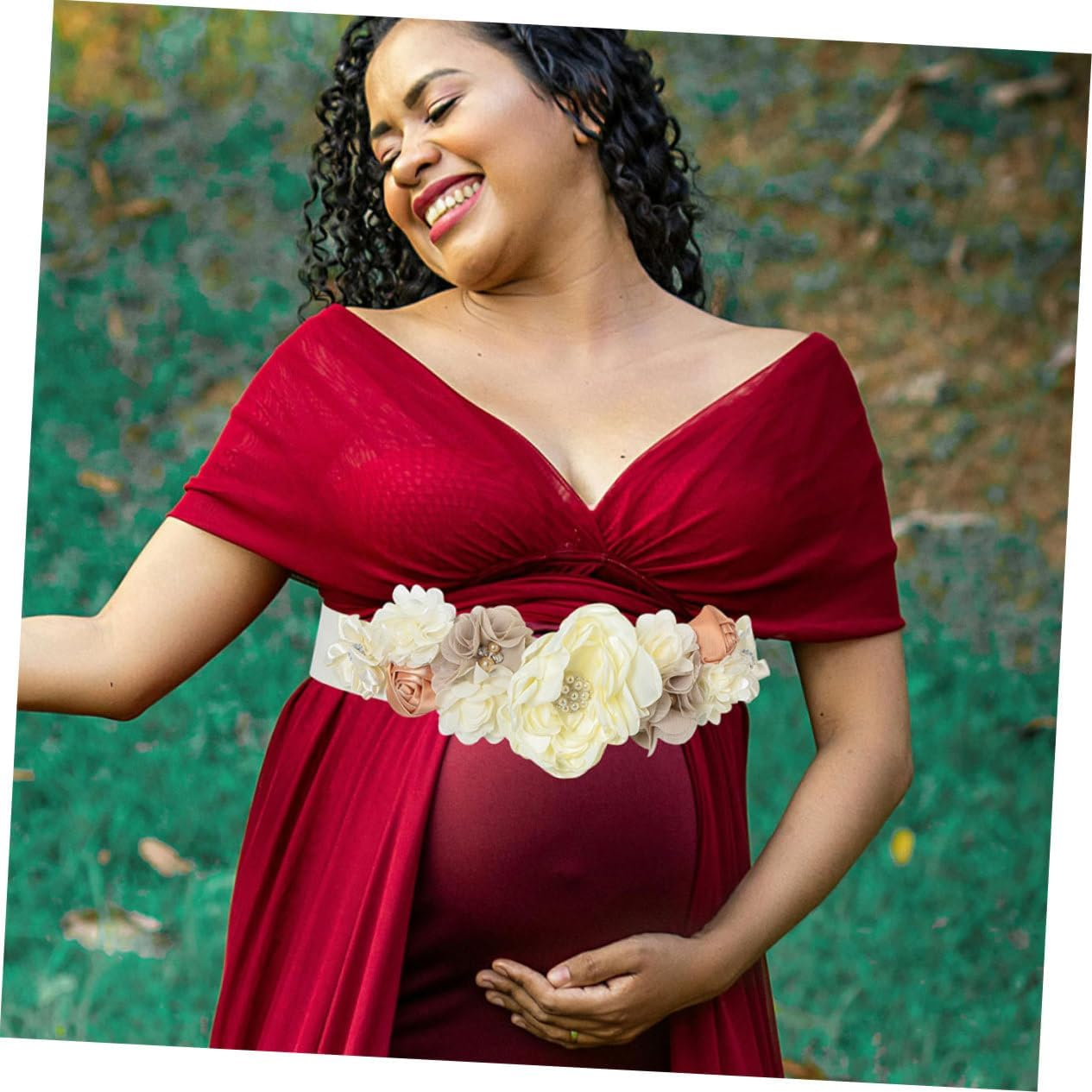 SUPVOX 2Pcs Maternity Sash Belt with Daisy Flower and Rhinestones Elegant Waist Support for Pregnant Women for Showers and Photography Sessions - Sky-Blue image number 5