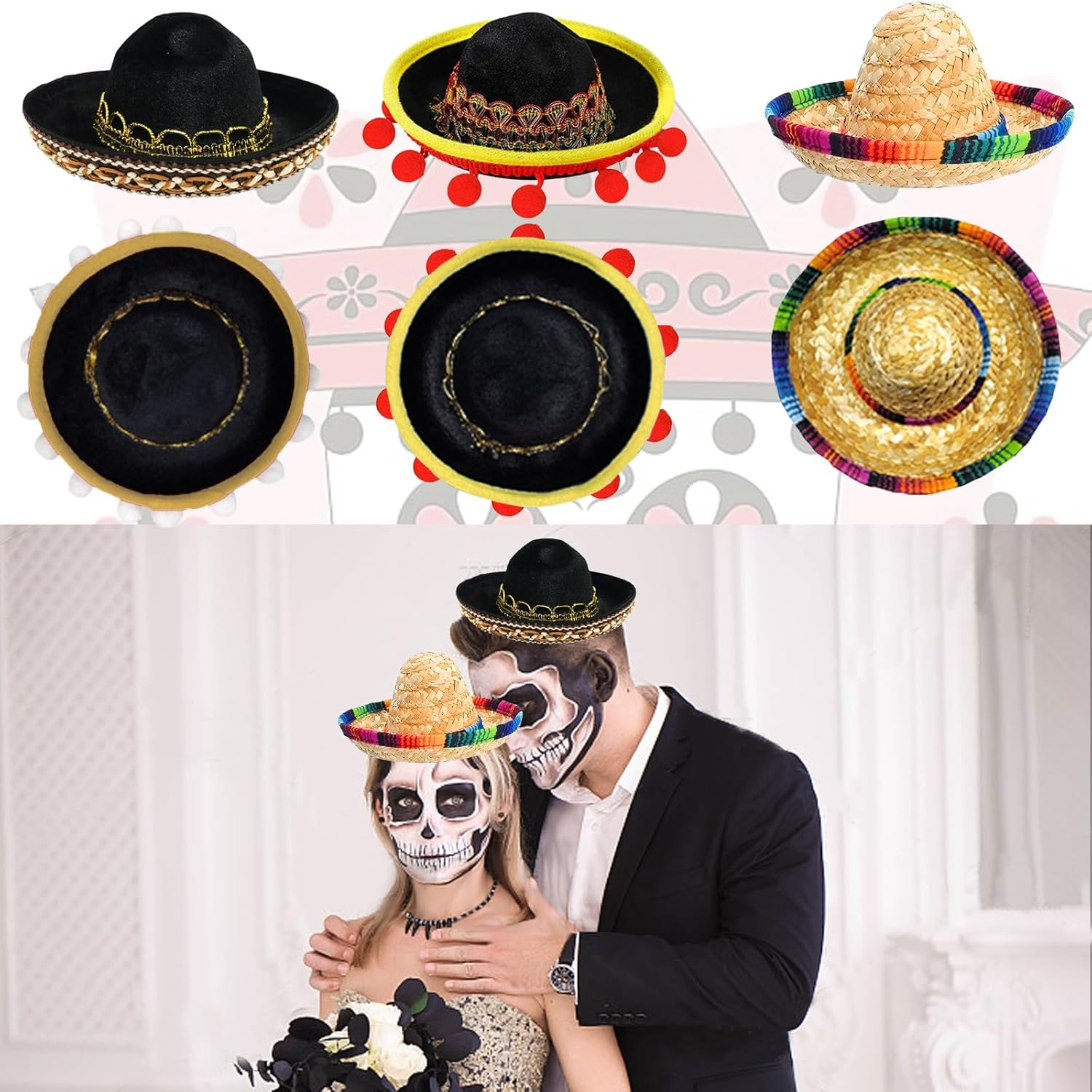 CWENDANER Set of 6 Sombrero Straw with Ball Fringes for Decoration, Sombrero Dog Hat, Mexican Party Costume Decoration Clothes for Pet Dogs, Birthday image number 2