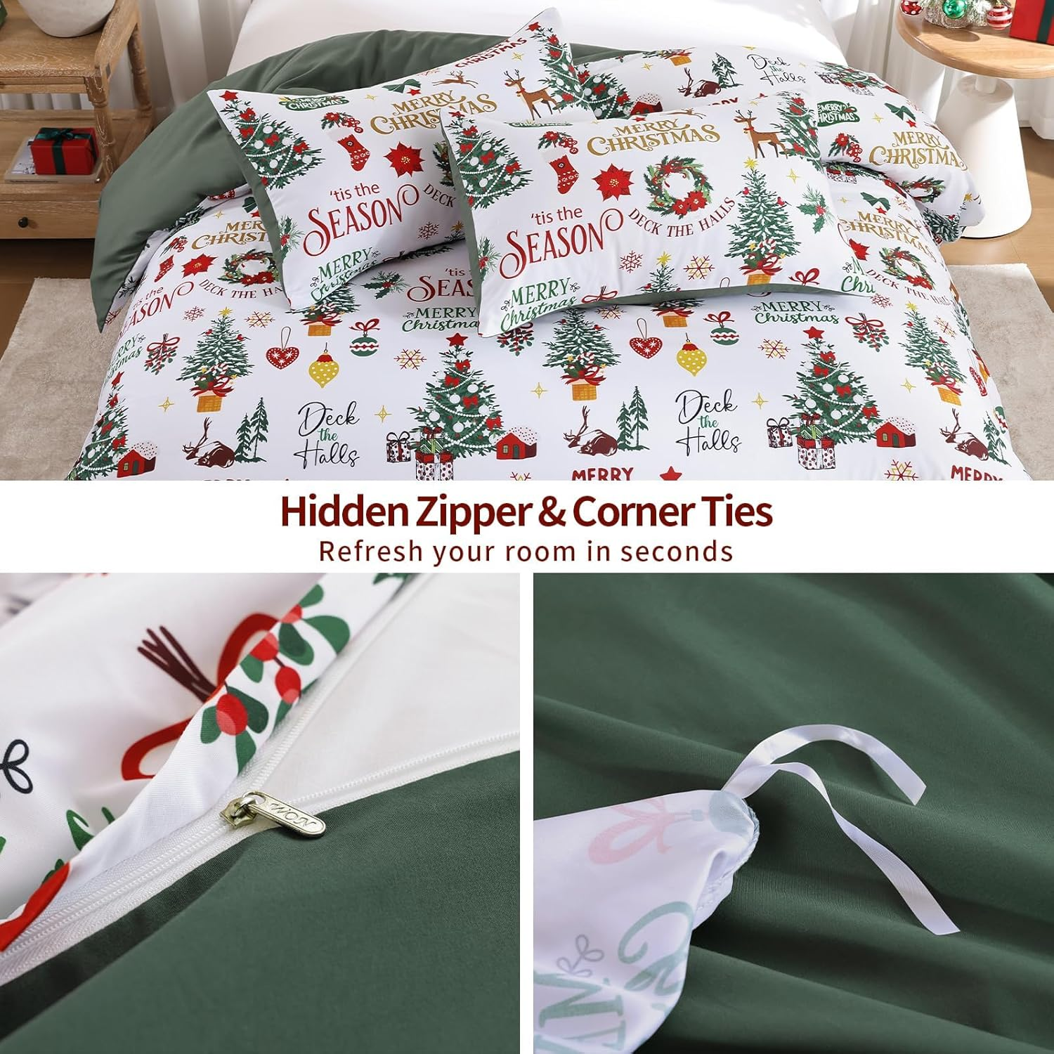Christmas Duvet Cover Set Queen Wreath Christmas Tree Poinsettia Bedding Set, 3 Piece Soft Microfiber Rustic Green White Winter Holiday Duvet Cover Festival Decor (Zipper Closure,90''X90'') image number 6