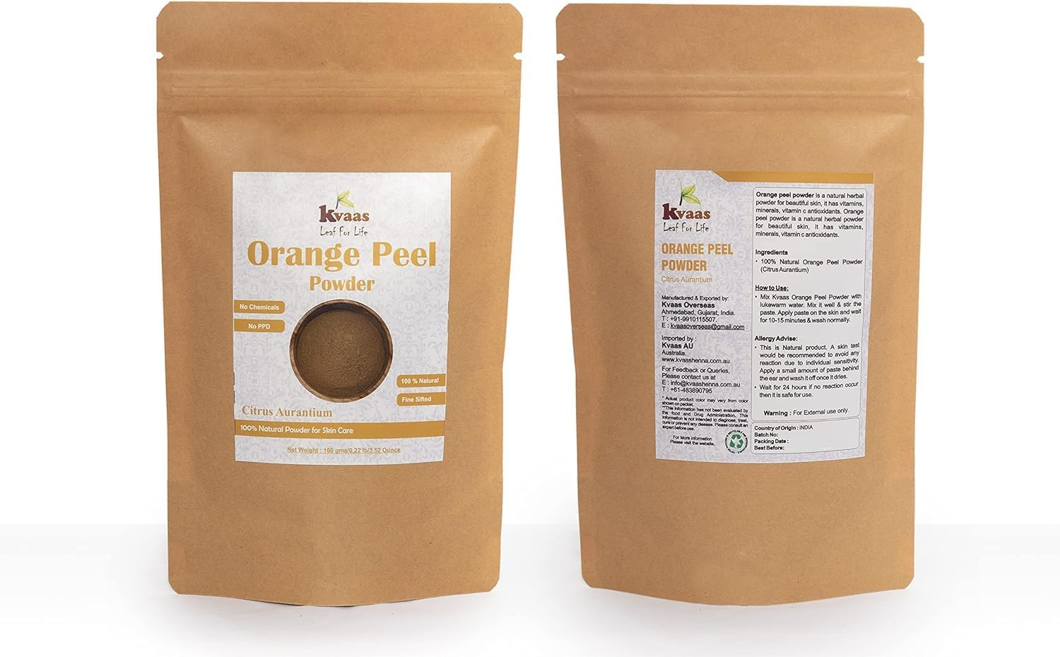 Orange Peel Powder | 3.53 Oz (100 G) | Citrus Aurantium | Natural & Pure Powder for Skin Care by KVAAS