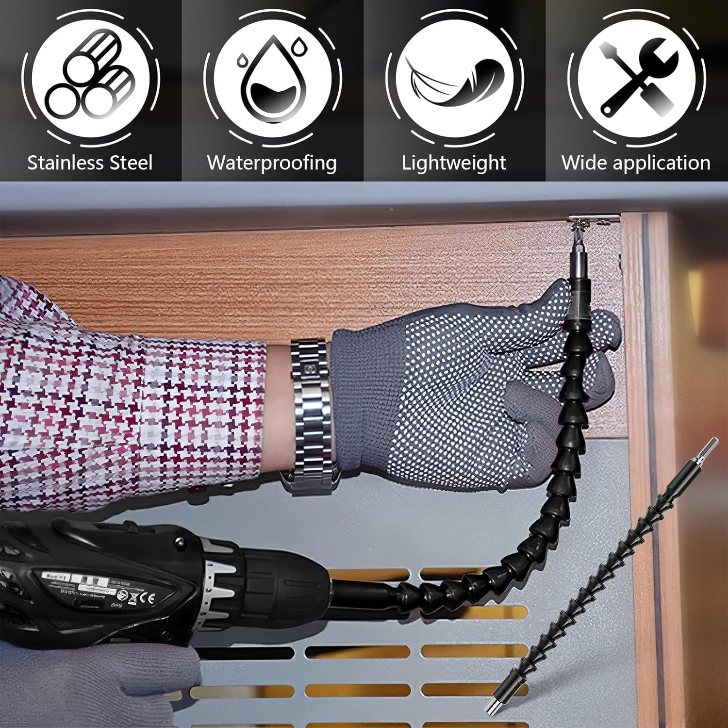 Flexible Drill Extension, 2-Piece Screwdriver Flex Shaft, 11.6-Inch Universal Drill Attachment for Electrical Cabinets and Furniture, Computer Chassis (Black) image number 5