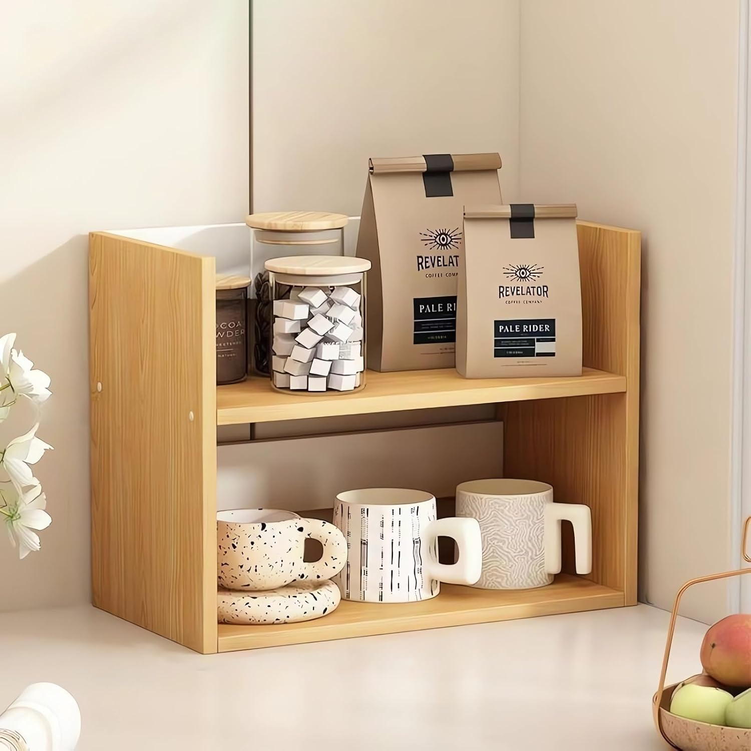 Hbluefat Desktop Organizer Shelf, Small Desk Bookshelf, Wooden Tabletop Mini Bookcase, Desktop Display Storage Rack for Home Office Kitchen (Teak) - Teak image number 5