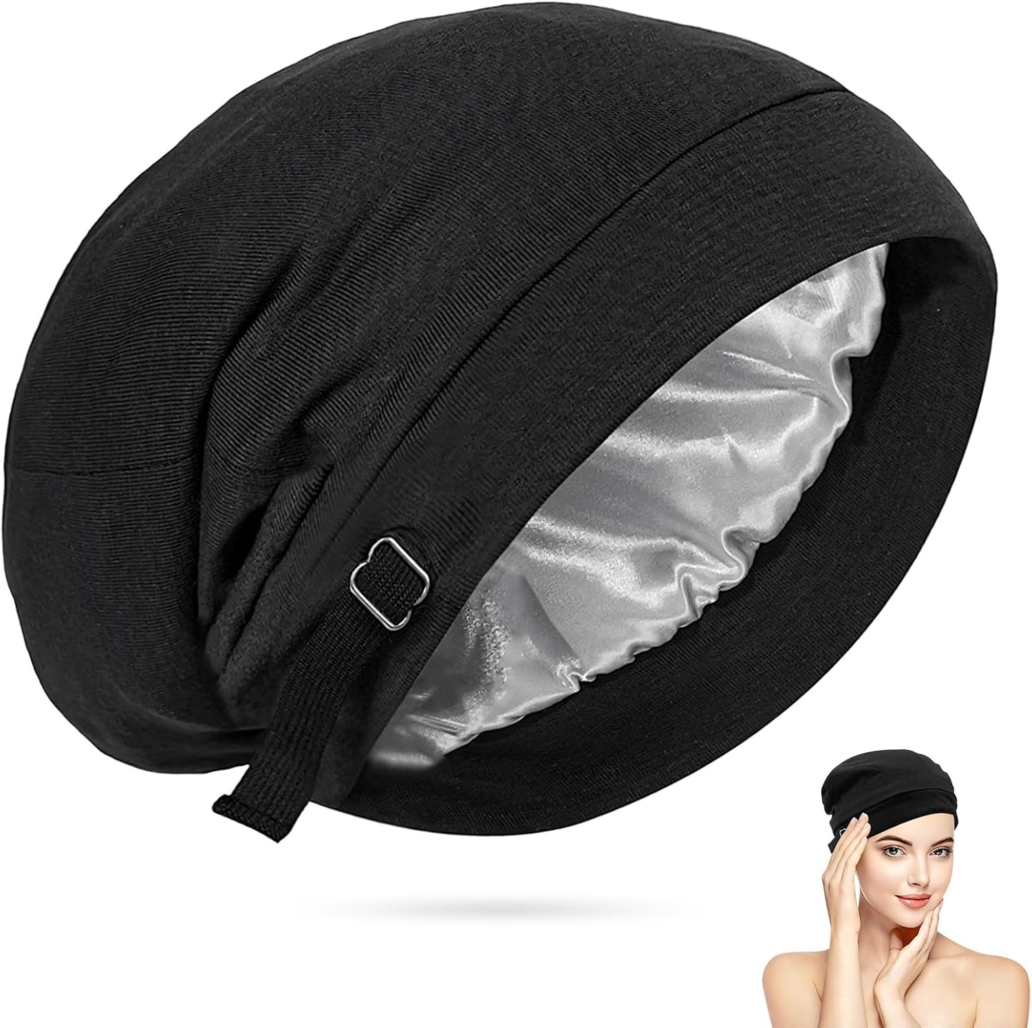 Double Layer Black Adjustable Hair Bonnets, Hair Cover Bonnet for Hair Care, Adjustment 50Cm/19.69In-66Cm/25.98Inunisex Windproof Hat Polyester Warm Beanie ﻿ image number 3