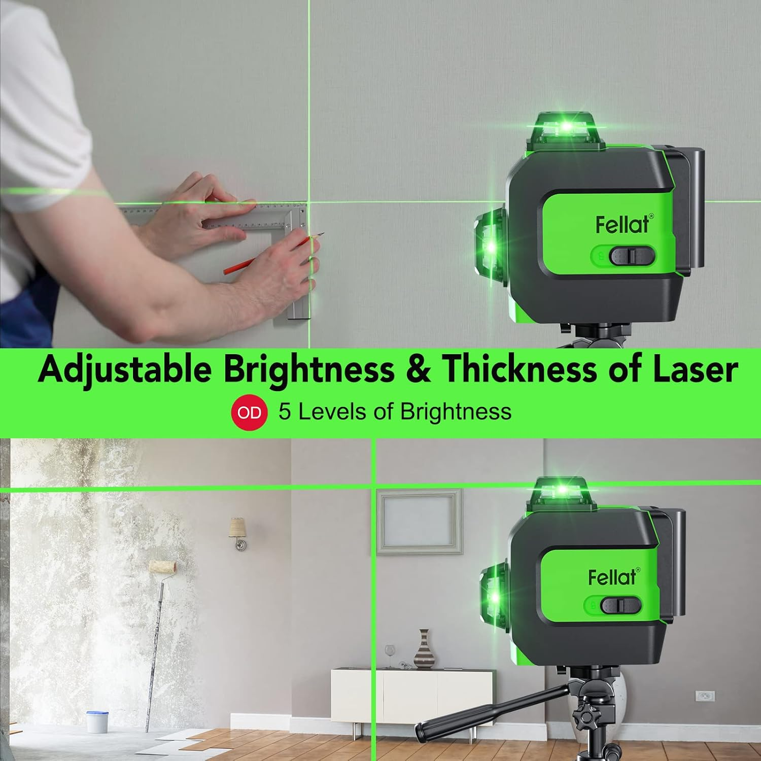 Cross Line Laser 3 X 360&deg;, Cross Line Laser Green Self-Levelling Laser Spirit Level 12 Line Lasers with 2 X 4000 Mah Rechargeable Batteries and Remote Control for Indoor Construction Site image number 1
