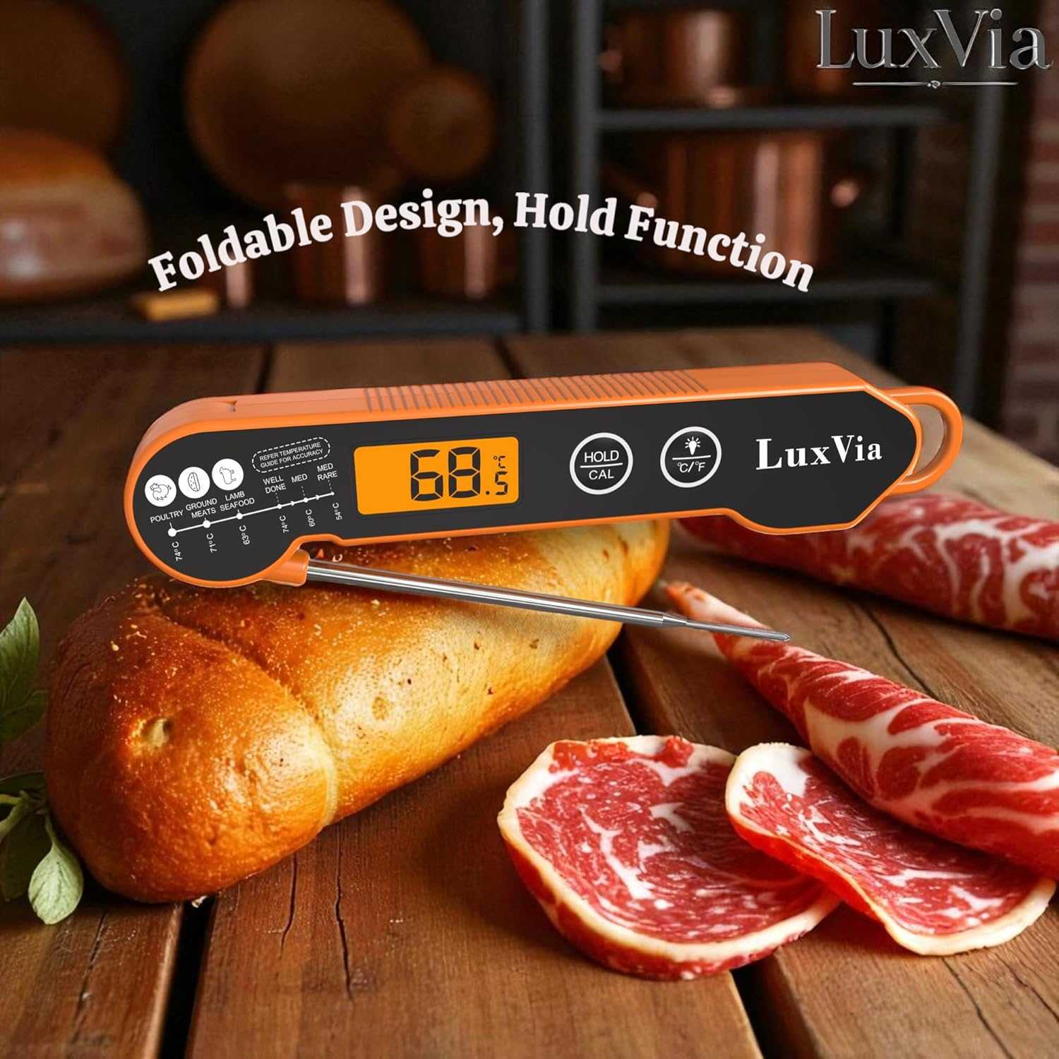 Digital Instant Read Meat Thermometer for Grilling Waterproof Kitchen Food Thermometer with Calibration & Backlight Smoker Oil Fry Candy Thermometer BBQ Grill &plusmn;1 &deg;C Accuracy 2-3S Quick Read (Orange) image number 3