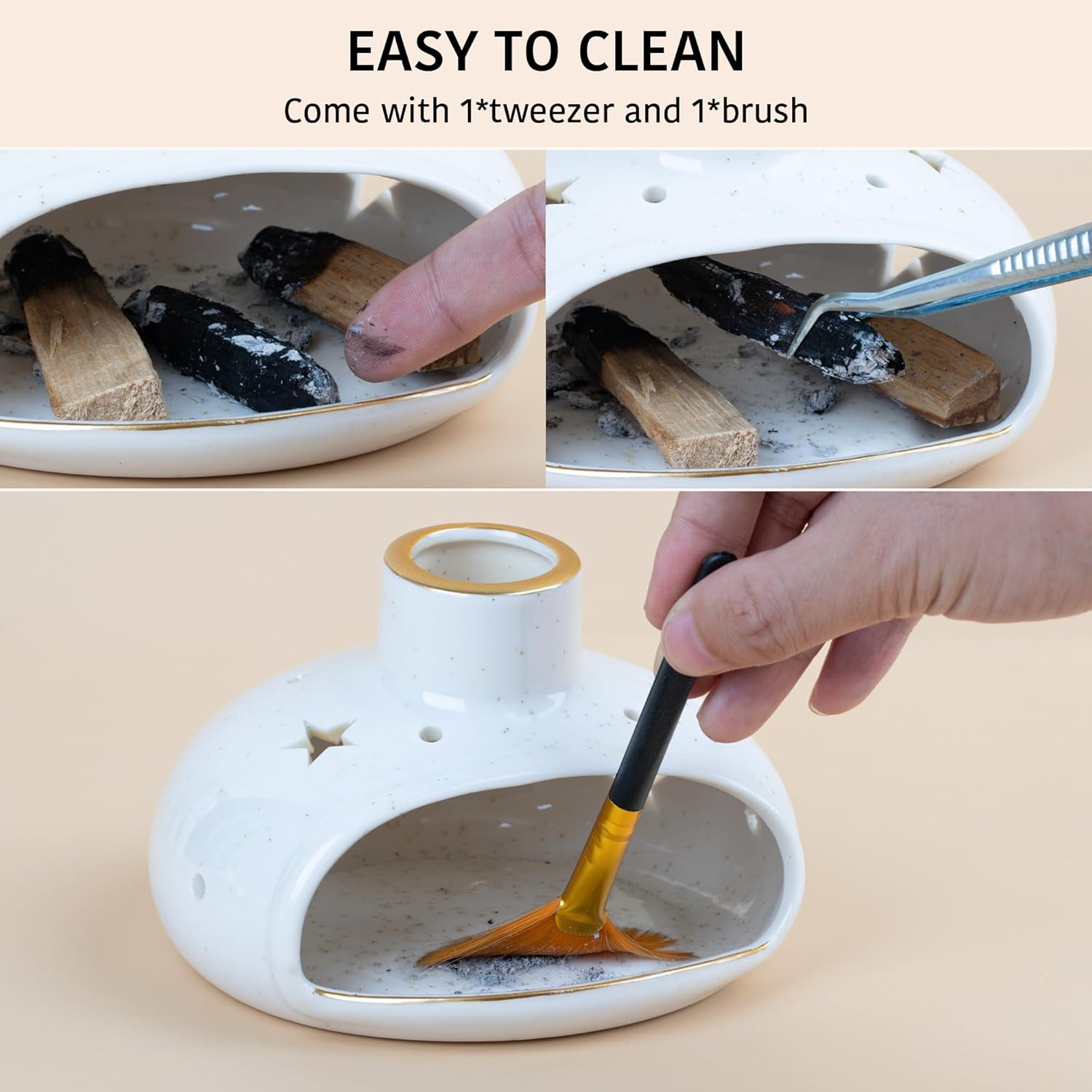 Zenbless 3 in 1 Incense Holder for Palo Santo Sticks Sage Bundles Cone Incense, Handcrafted Ceramic Incense Burner Holder Ash Catcher with Chimney, Smudge Bowl for Yoga Meditation Room Home Decor