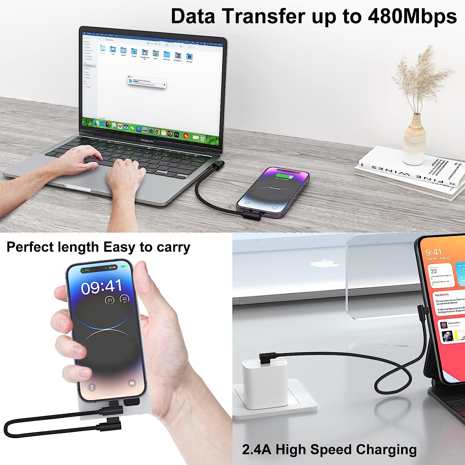 Osecet Iphone Charger 1Ft 90 Degree 2 Pack Mfi Certified Elbow Short Lightning Cable Right Angle Fast Charging Cord for Iphone 14 13 12 11 Pro X XS XR 8 plus 7 6 5 (Black,1 Foot) image number 4