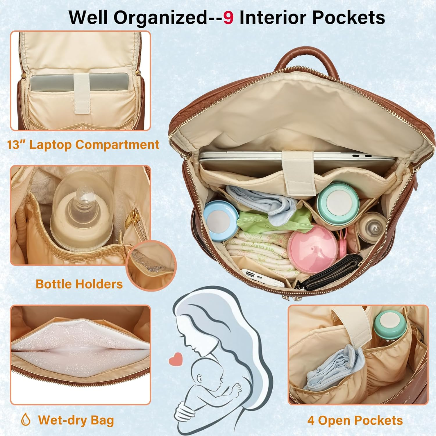 Leather Diaper Bag Backpack for Women with Multiple Pockets,Laptop Compartment and Changing Pad. - Grey image number 2