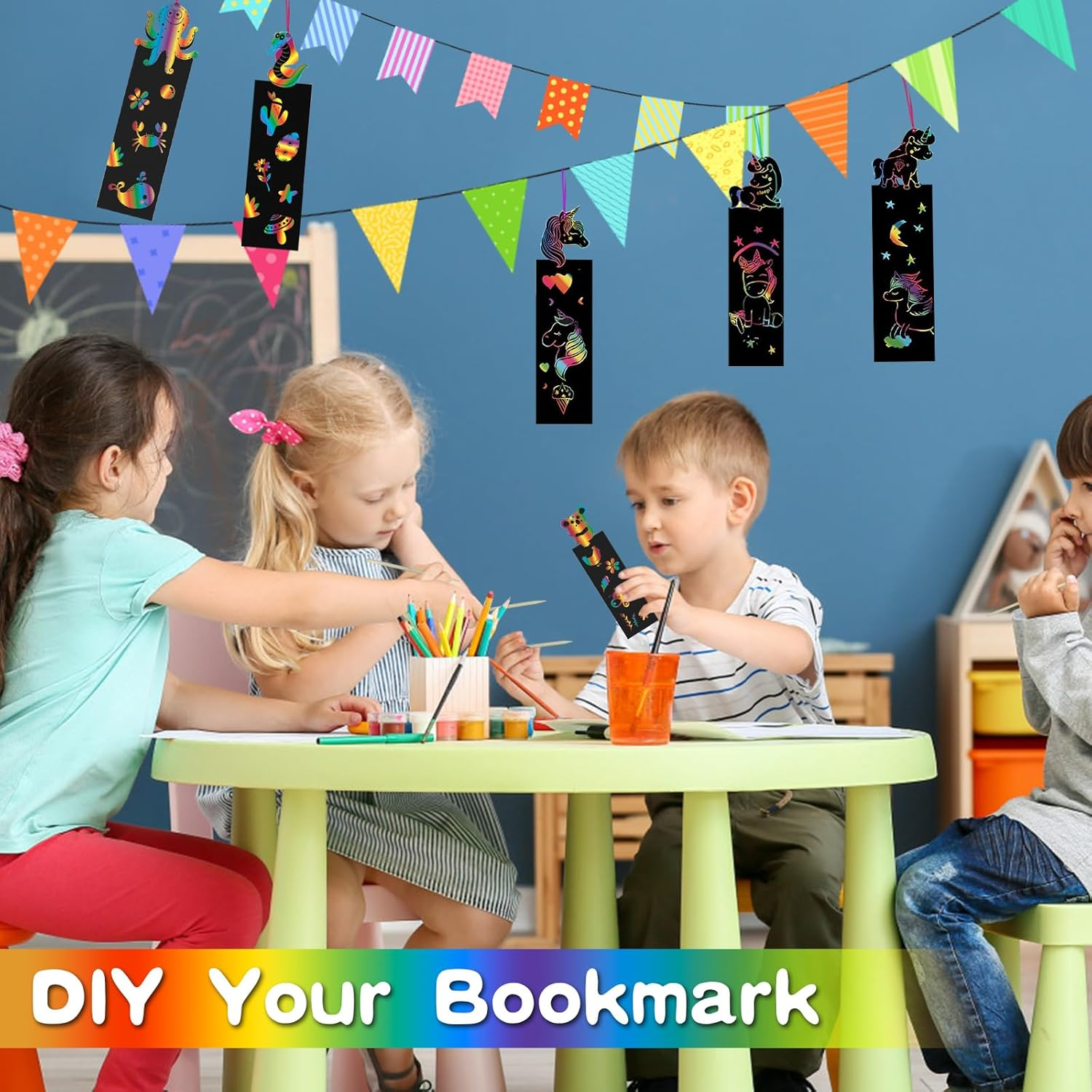 Viiotu 48 Pcs Scratch Art Bookmarks Party Favours Kids, Animal Bookmarks Set Party Bag Fillers with 48 Pcs Colorful Ribbons and 24 Pcs Wood Stylus, Scratch Art for Classroom Activities Party (Unicorn) image number 5
