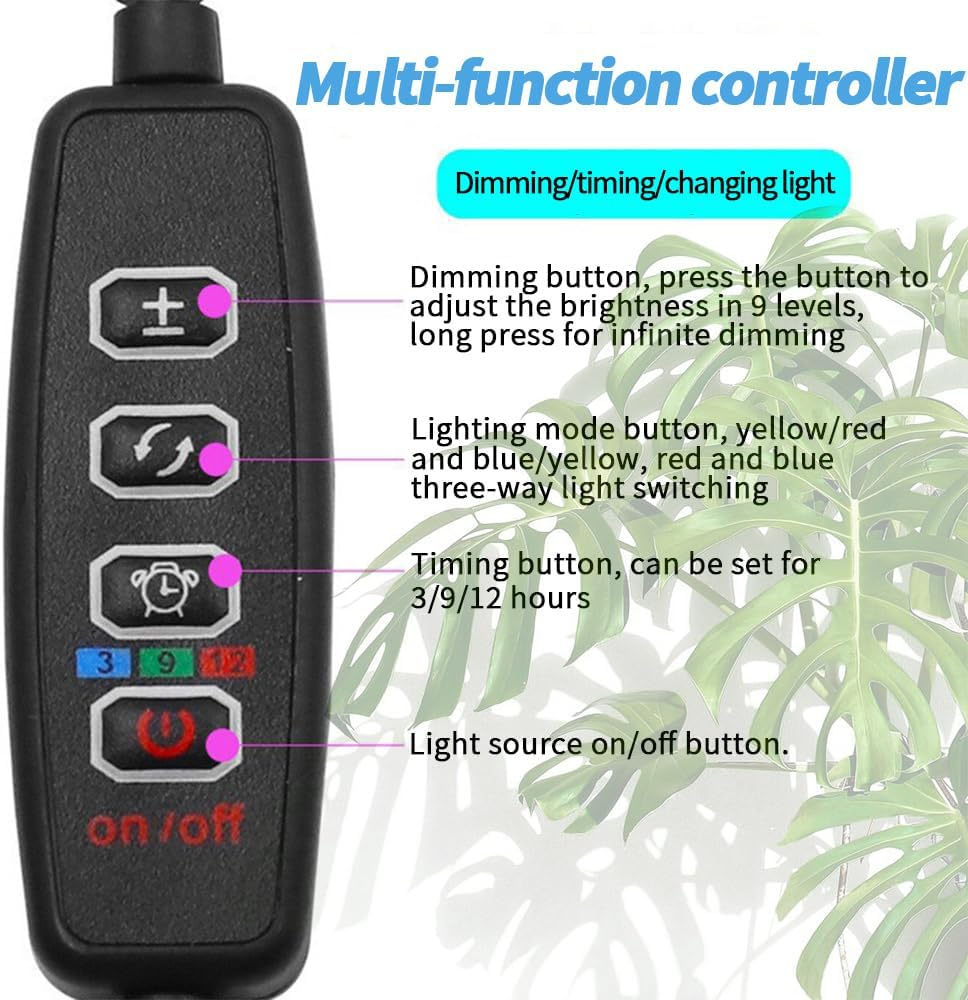 TOMVAES Clip on LED Grow Light for Indoor Plants, Full Spectrum 40W Leds Clip Plant Lights with Flexible Gooseneck, 3/9/12H Timer, 9 Level Brightness, 3 Spectral Modes,4 Tubes image number 6