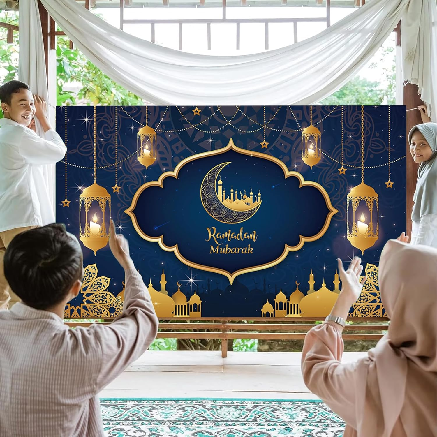 Ramadan Mubarak Banner 2025, Extra Large Fabric Eid Kareem Backdrop for Decorations, 72 X 44 Inch Star Moon Lanterns Castles Photo Booth Background for Islamic Muslim Al-Fitr Party Supplies image number 2