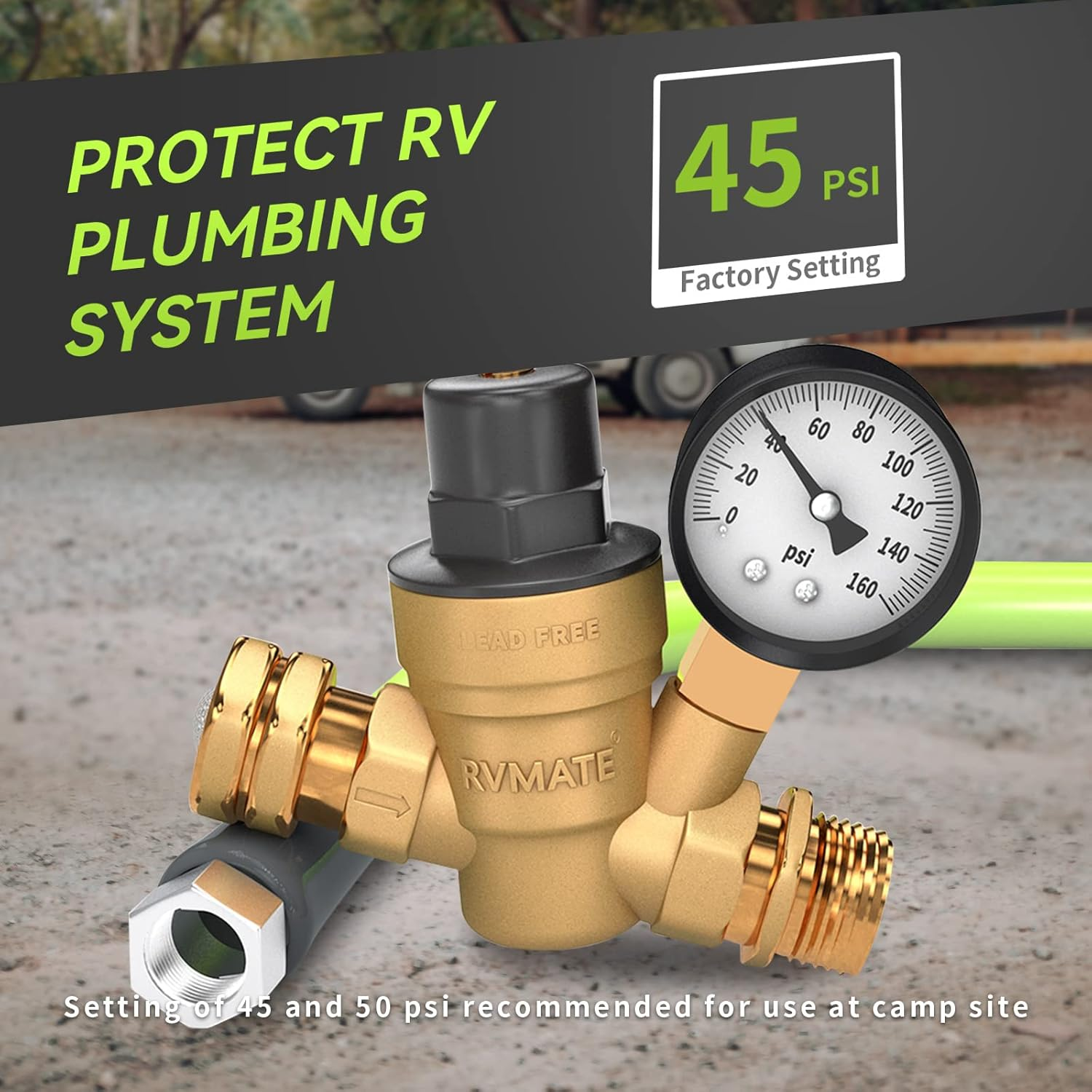 RVMATE RV Water Pressure Regulator, Brass Lead-Free Water Pressure Reducer Kit, Adjustable Valve with Inlet Screen Filter, for Camper Travel Trailer image number 3