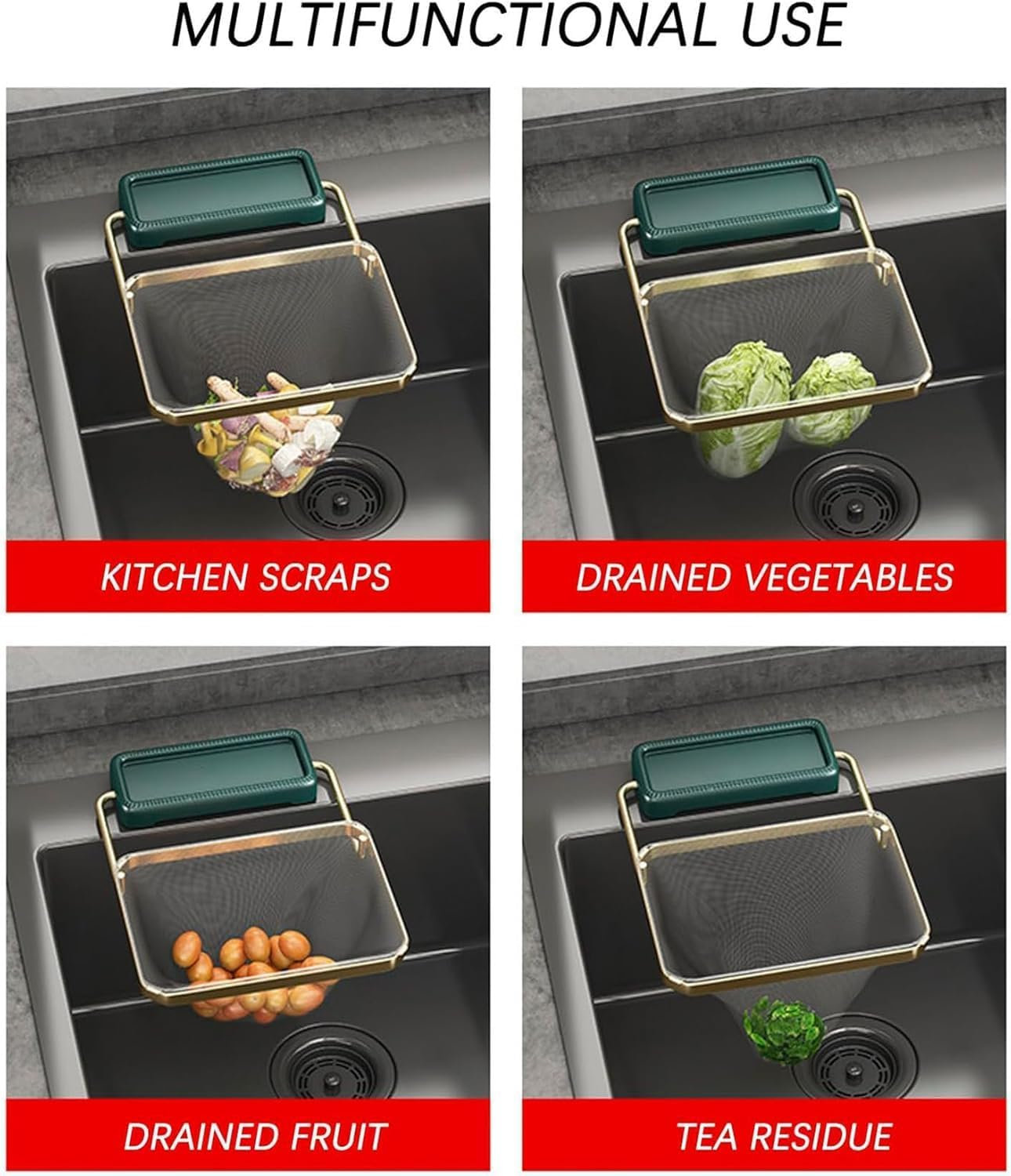 Rotatable Kitchen Sink Strainer with 100 Pcs Filter Mesh Bags,Waste Rack Sink, Food Catcher Filter Holder for Sink (Green)