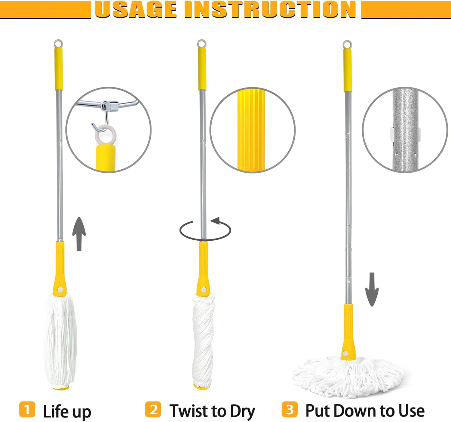 JEHONN Twist Mop with 146 Cm Long Handle, Self Wringing String Mop for Floor Cleaning, Washable Microfiber Mop for Hardwood Vinyl Tile Marble Laminate Home Office Kitchen (Yellow) image number 3