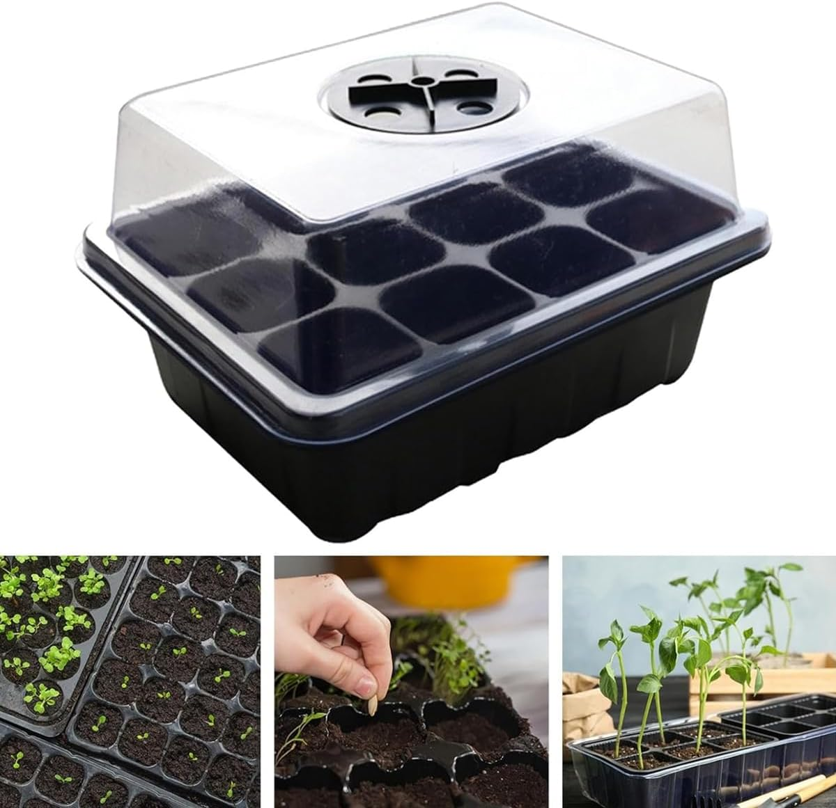 AIMALL Plastic Seedling Tray with Transparent Lid, 9 Cells, Seedling Pot Set for Gardening, Thermal Insulation and Moisturizing, 7.28-Inch X 5.7-Inch for Planting and Growing image number 2