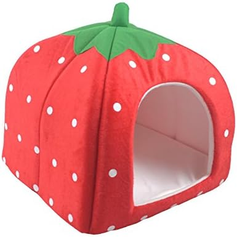 Wowowmeow Foldable Pet Strawberry Warm Fleece House Bed Cage Cave for Dogs, Cats, Rabbits and Small Animals (S, Red) image number 2