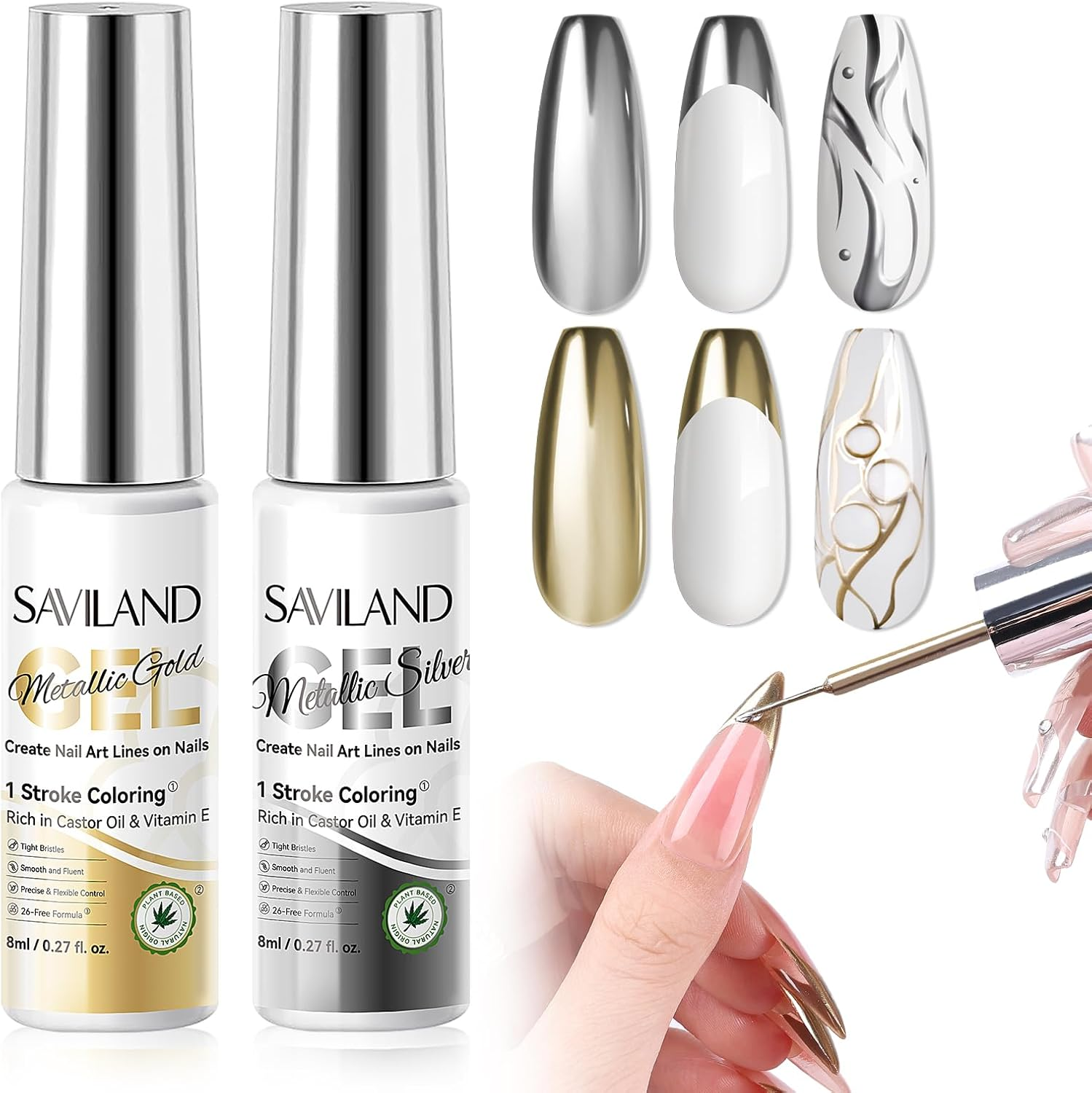 SAVILAND Metallic Gel Nail Polish Liner Ultra-Smooth: 2 Pcs Silver&Gold Metallic Gel Liner Halloween Nail Art