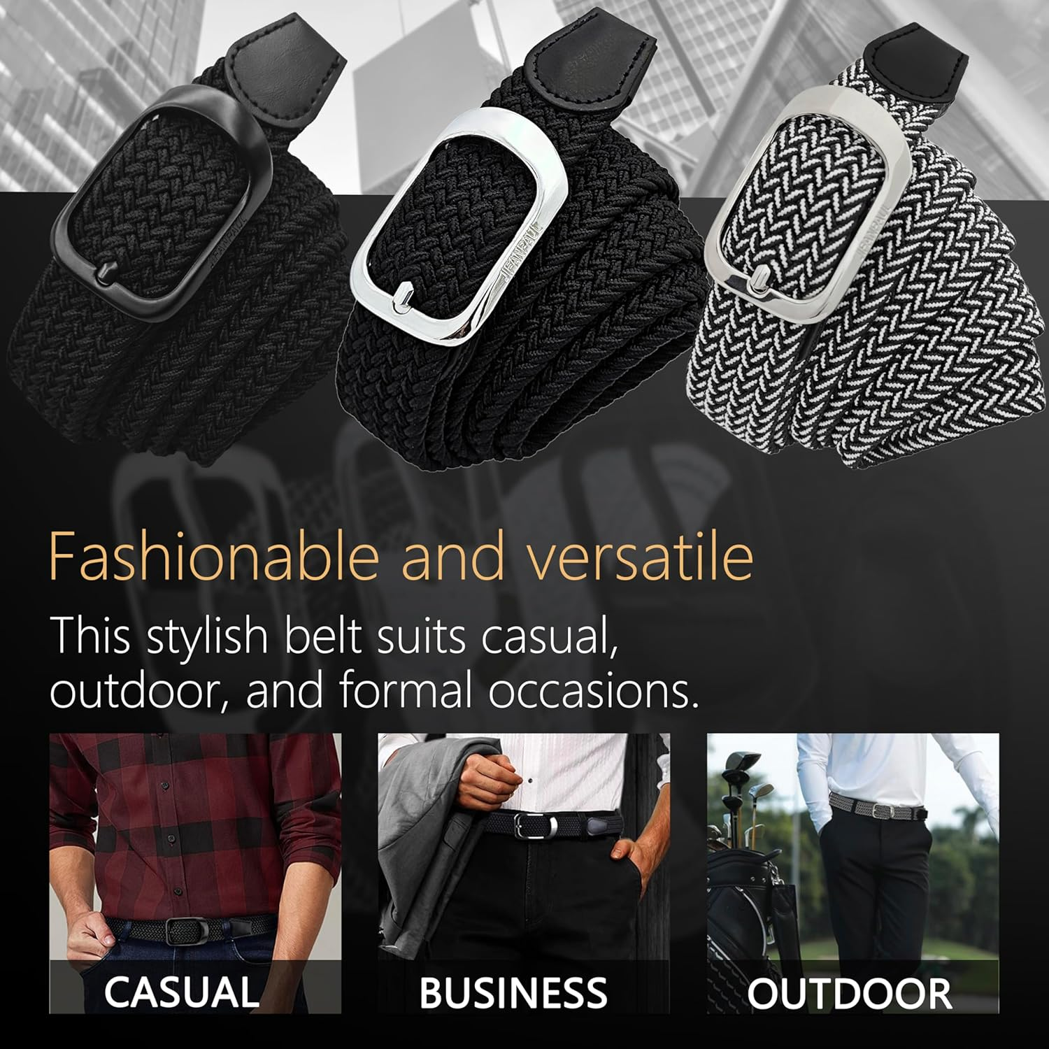 JIFANPAUL Men'S Mesh Belt, Large Size, Braided, No Holes, Elastic Belt, Stretchable, Golf, Casual, Business, Gentleman, Student Clothing, One Size Fits Most, Stretch, Blackd-Black Buckle, M [全長：約125Cm