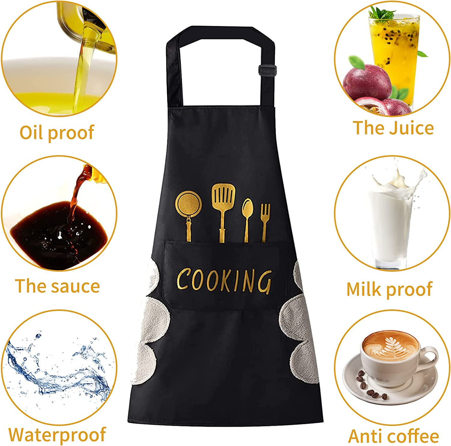 2 Pack Kitchen Apron with Pocket for Women Men Chef,Unisex Chef Apron Waterproof,Hand-Wiping,Bib Aprons for Cooking Painting Housework image number 4