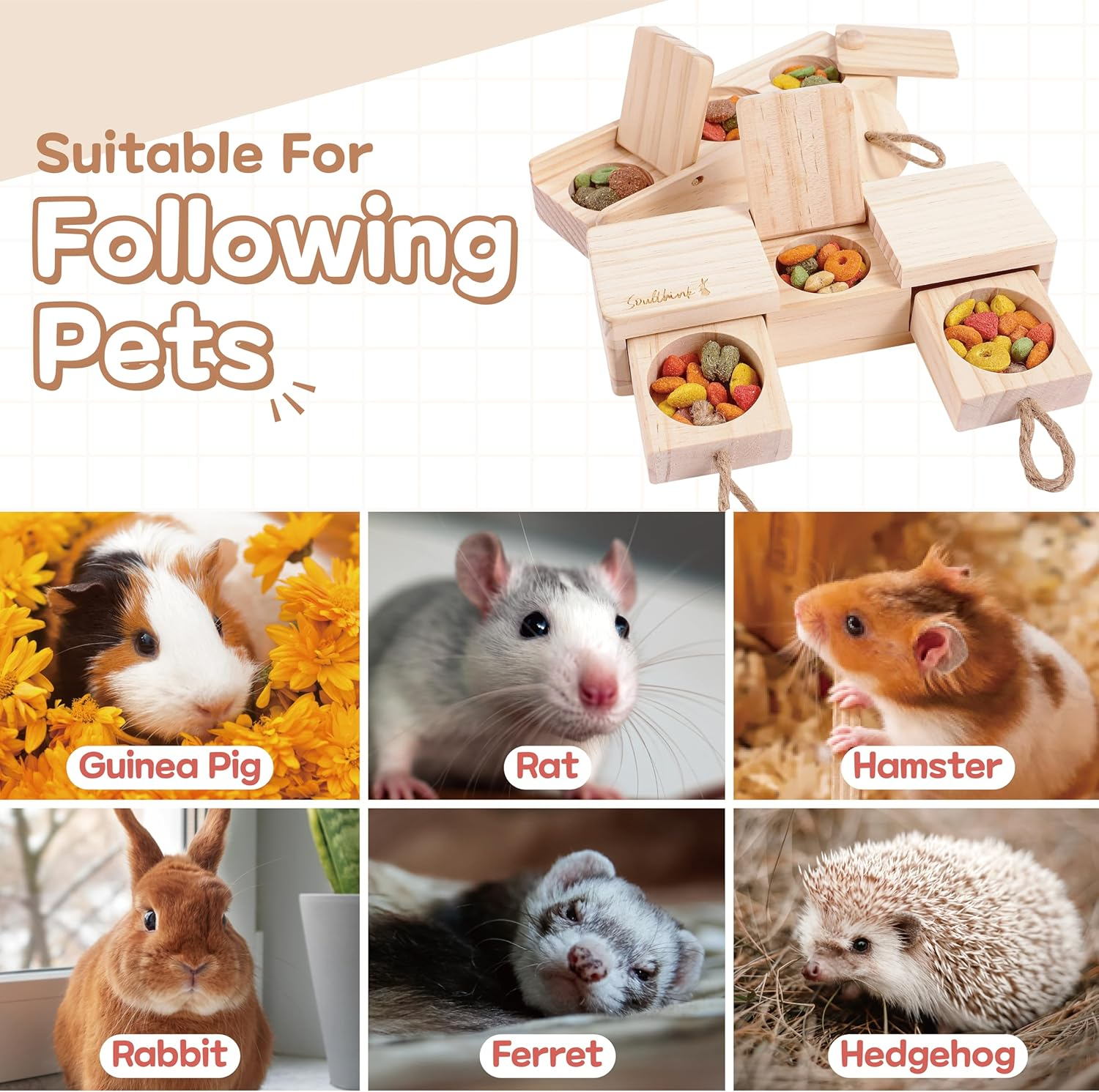 Soulthink&reg; Interactive Wooden Pet Rabbit Toys - Sniff N' Snack Bunny Chew Toys for Rabbit Treats, Suited as Guinea Pig Toys, Hamster Toys for Boredom, Bunny Toys for Rabbits Keep Busy (2 Sets) - Sniff N' Snack 3.0 image number 6