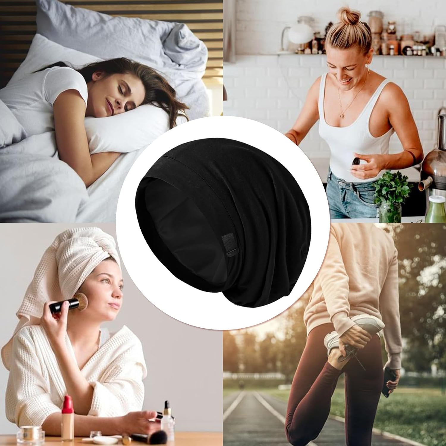 Silk Bonnet for Sleeping Women, Adjustable Silky Satin Lined Sleep Cap, Silk Hair Wrap for Sleep Night Cap, Black&Black, One Size image number 4
