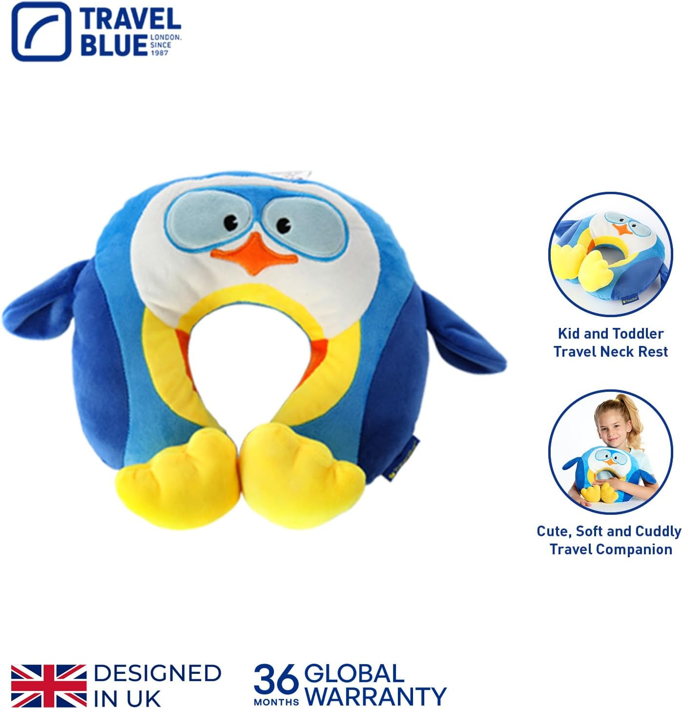 Travel Blue Puffy the Penguin Kids Travel Neck Pillow &ndash; Soft Penguin-Shaped Travel Pillow for Toddlers and Children &ndash; Comfortable Car and Plane Neck Support image number 1